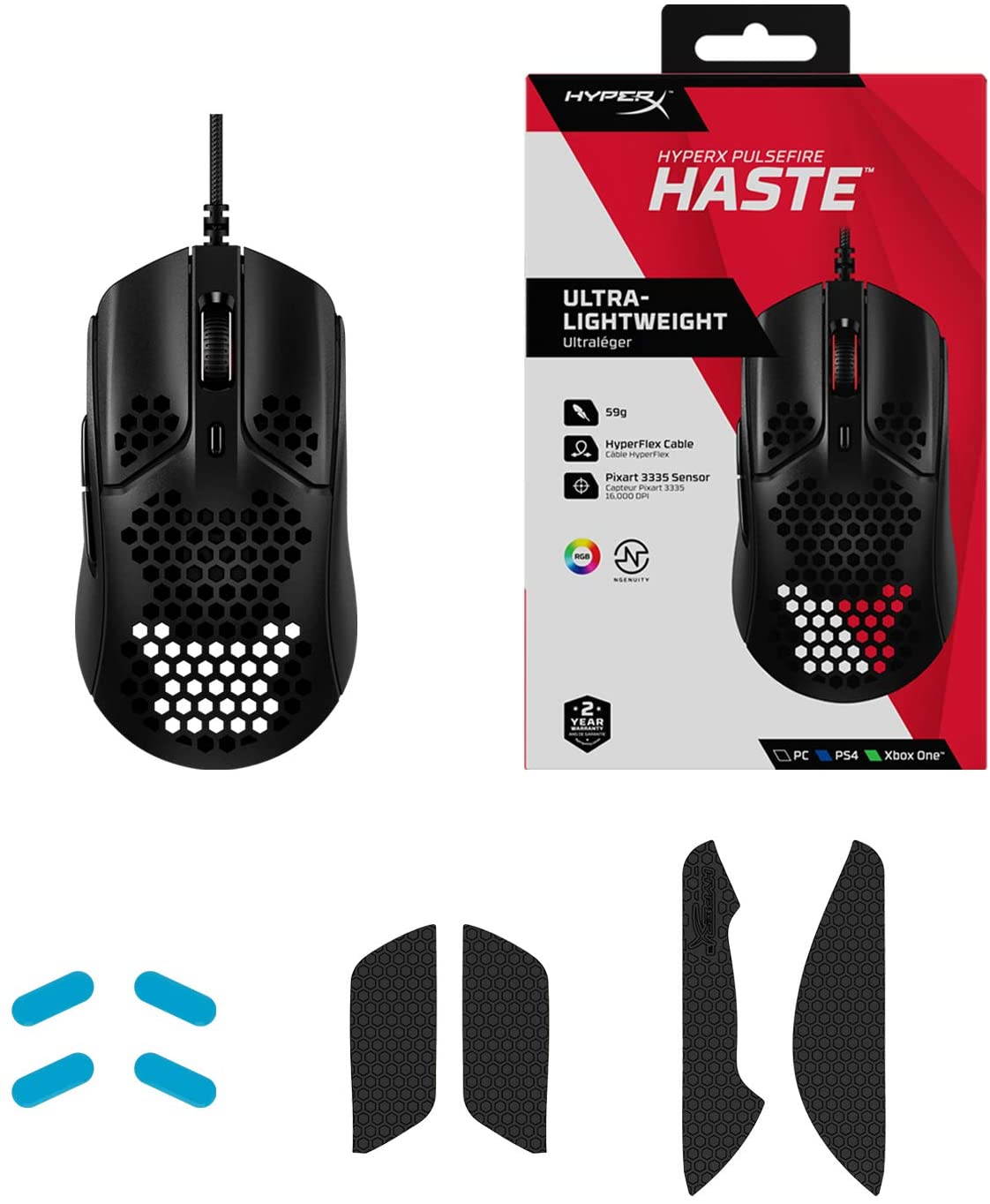 HyperX Pulsefire Haste &ndash; Gaming Mouse, Ultra-Lightweight, 59g, Honeycomb Shell, Hex Design, RGB, HyperFlex USB Cable, Up to 16000 DPI, 6 Programmable Buttons