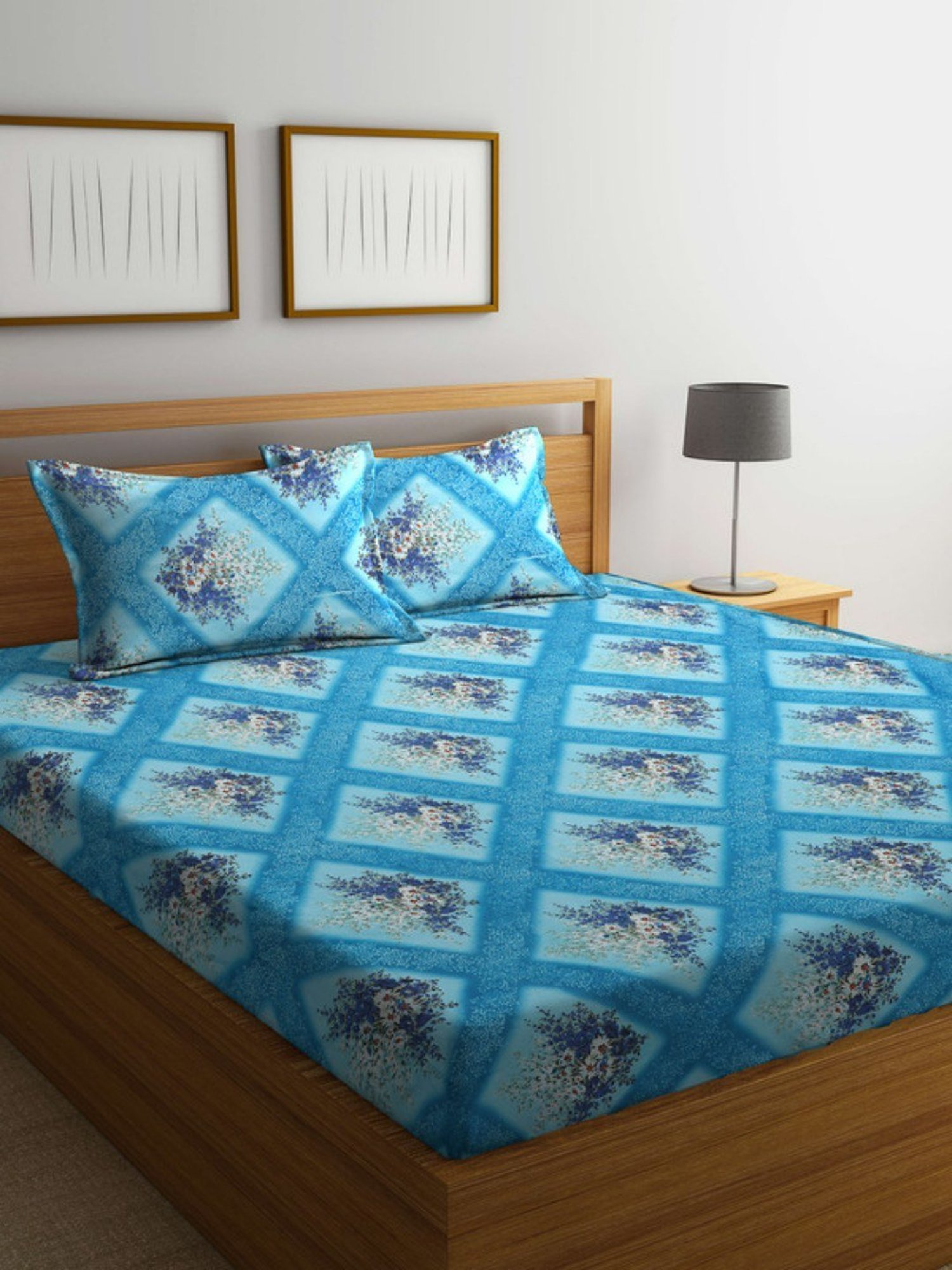 Dhrohar Printed Blue Cotton 180 TC Double Bedsheet with 2 Pillow covers