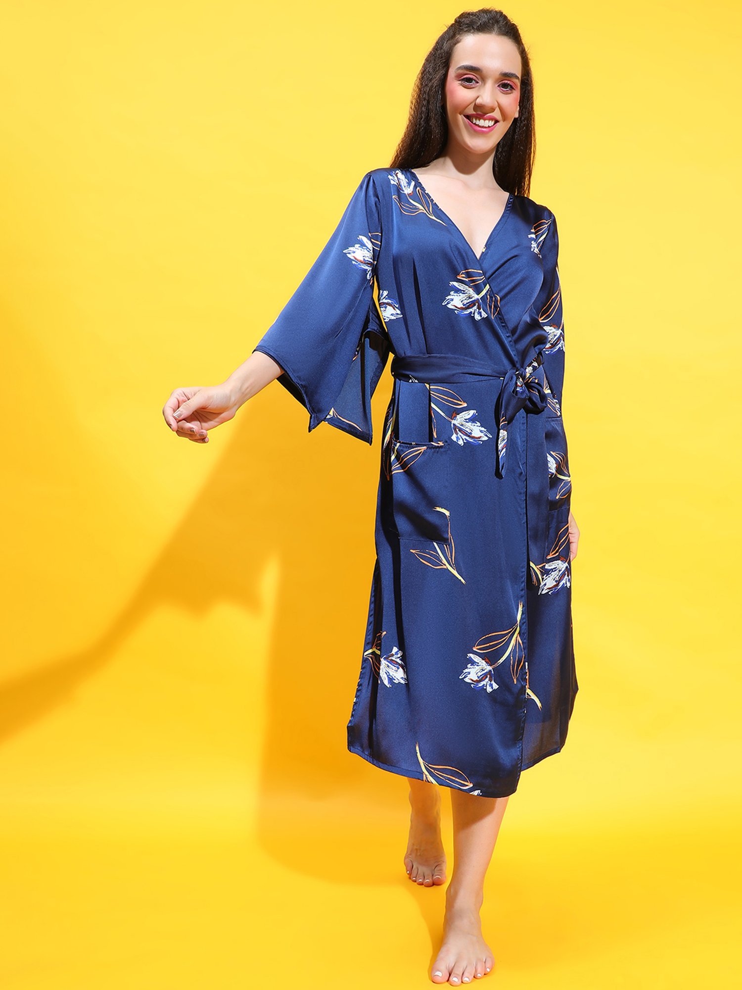 Oxolloxo Navy Satin Printed Night Dress