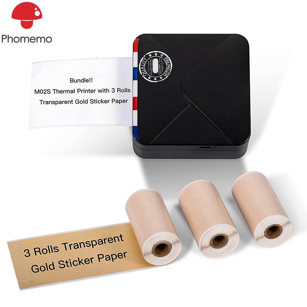 M02S Pocket Thermal Printer Bluetooth Photo Printer with 3 Rolls Transparent Gold Paper for iOS + Android Phone Printer