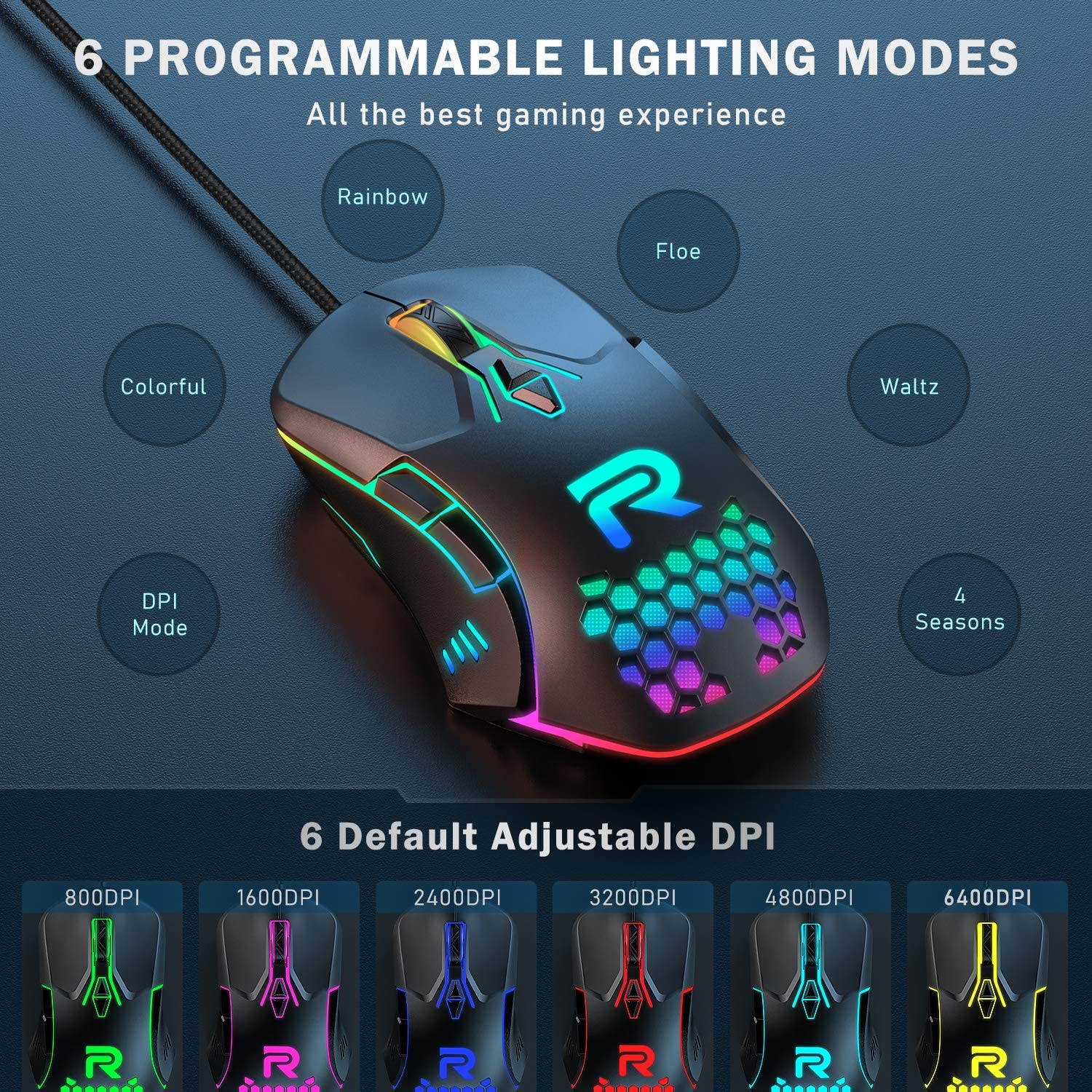 Updated Gaming Mouse with 7 Programmable Buttons, Chroma RGB Backlight Gaming mice, 6400 Adjustable DPI, Ergonomic USB Computer Mouse, High Precision Sensor for Windows PC & Laptop Gamers