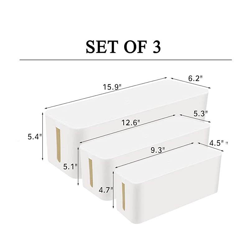 of 3 3 Cable Management Boxes + 3 Wire Ties Large Cord Box Organizers to Hold and Hide Power Strip Charger Adapter Power Cord Charging Station USB HUB White