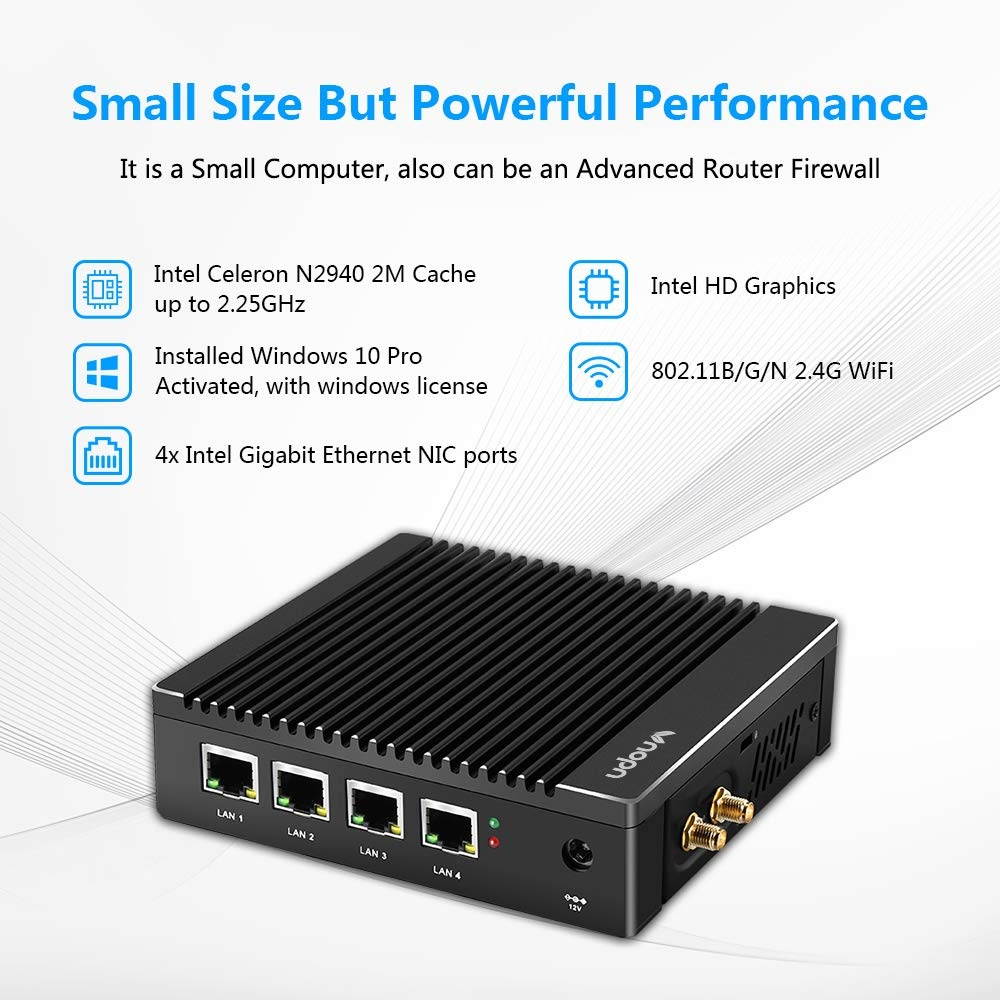 Vnopn Fanless Mini PC Intel Celeron N2940 Quad-core Small Computer with Windows 10 Pro License, 8G RAM 128G SSD, 4X Intel Gigabit NIC Firewall/USB 3.0/WiFi/HDMI/VGA, Auto Power on/Wake on LAN