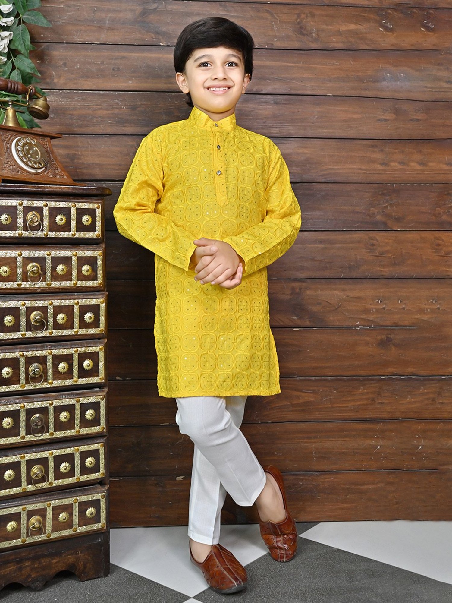 Ahhaaaa Kids Yellow & White Embellished Full Sleeves Kurta With Pyjamas