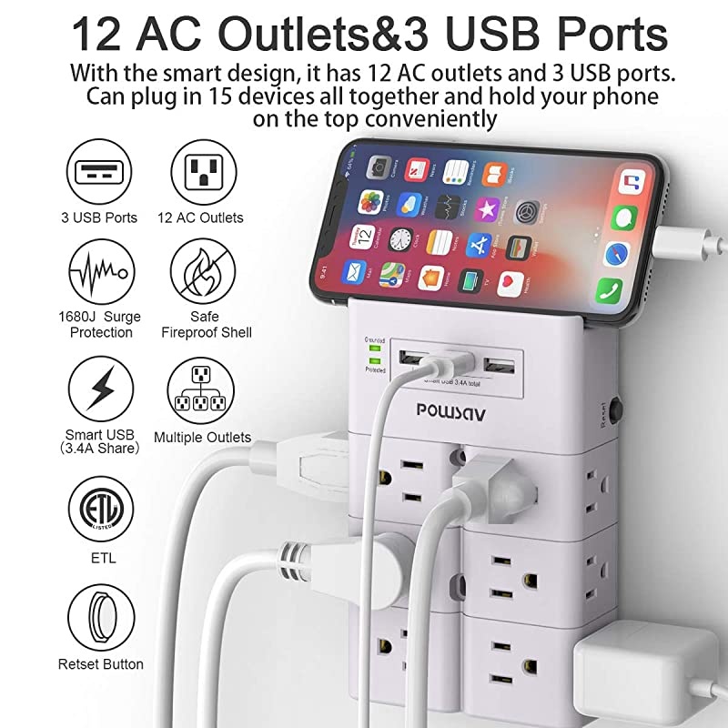 Multi Plug Outlet, Outlet Splitter,  Surge Protector Wall Mount with 12-Outlet Extender and 3 USB Ports(Smart 3.4A Total) for Home, Office, Dorm Essentials, Hotel, White, ETL Listed
