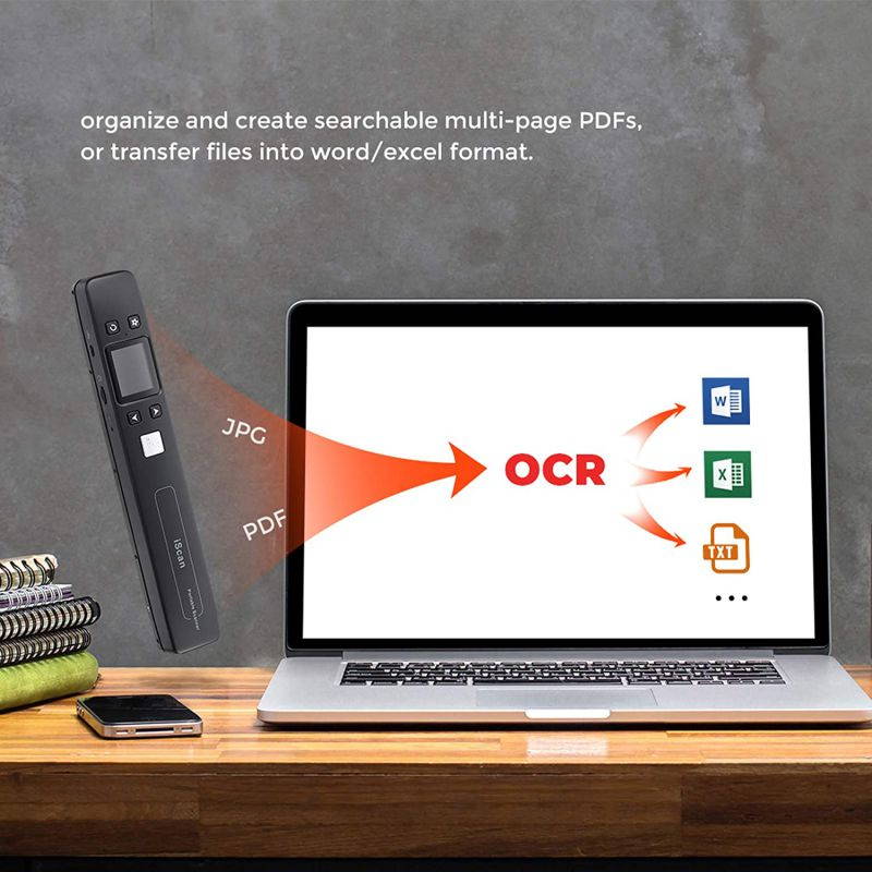 Scanner Portable Handheld Wand Document Book Images 1050DPI Resolution High Speed Scanning A4 Size JPEG PDF Format Colorful LCD Display for Office Business Reciepts