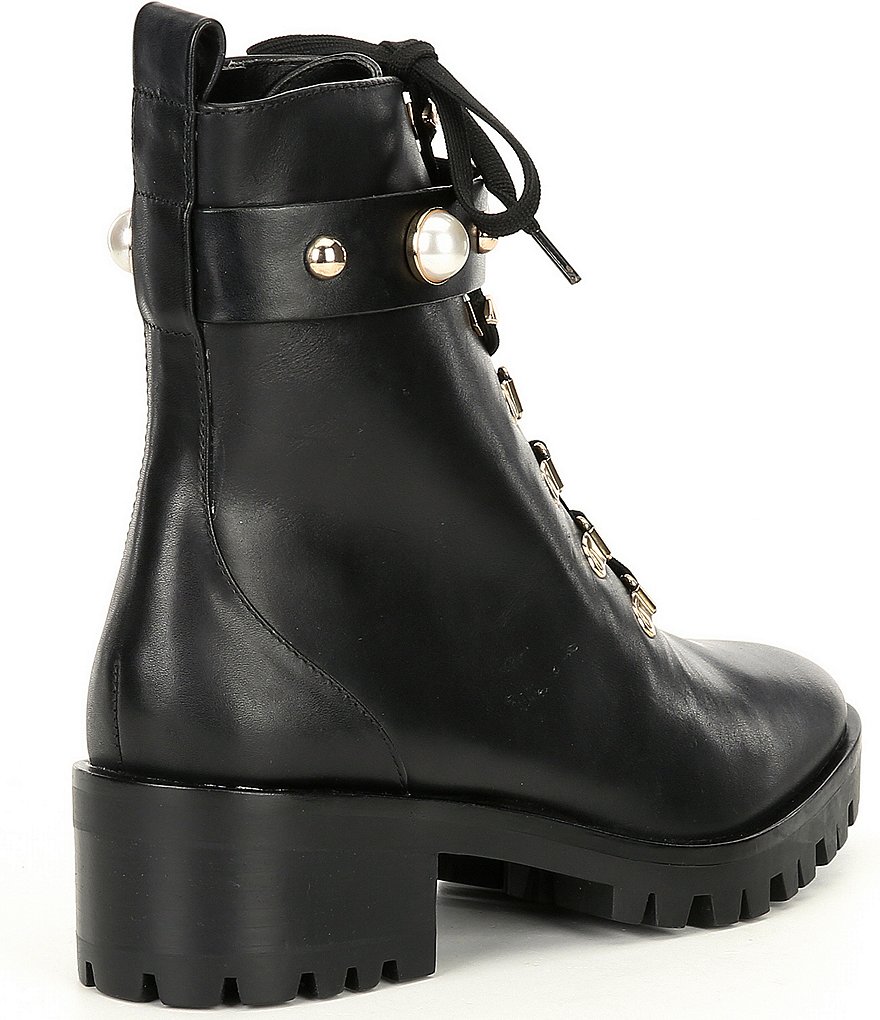 KARL LAGERFELD PARIS Perry Leather Pearl Ornaments Lug Sole Combat Booties