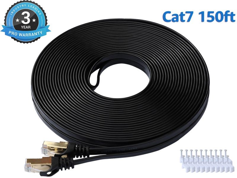 Cat 7 Ethernet Cable 100 ft LAN Cable Internet Network Cord for PS4, Xbox, Router, Modem, Gaming, Black Flat Shielded 10 Gigabit RJ45 High Speed Computer Patch Wire.
