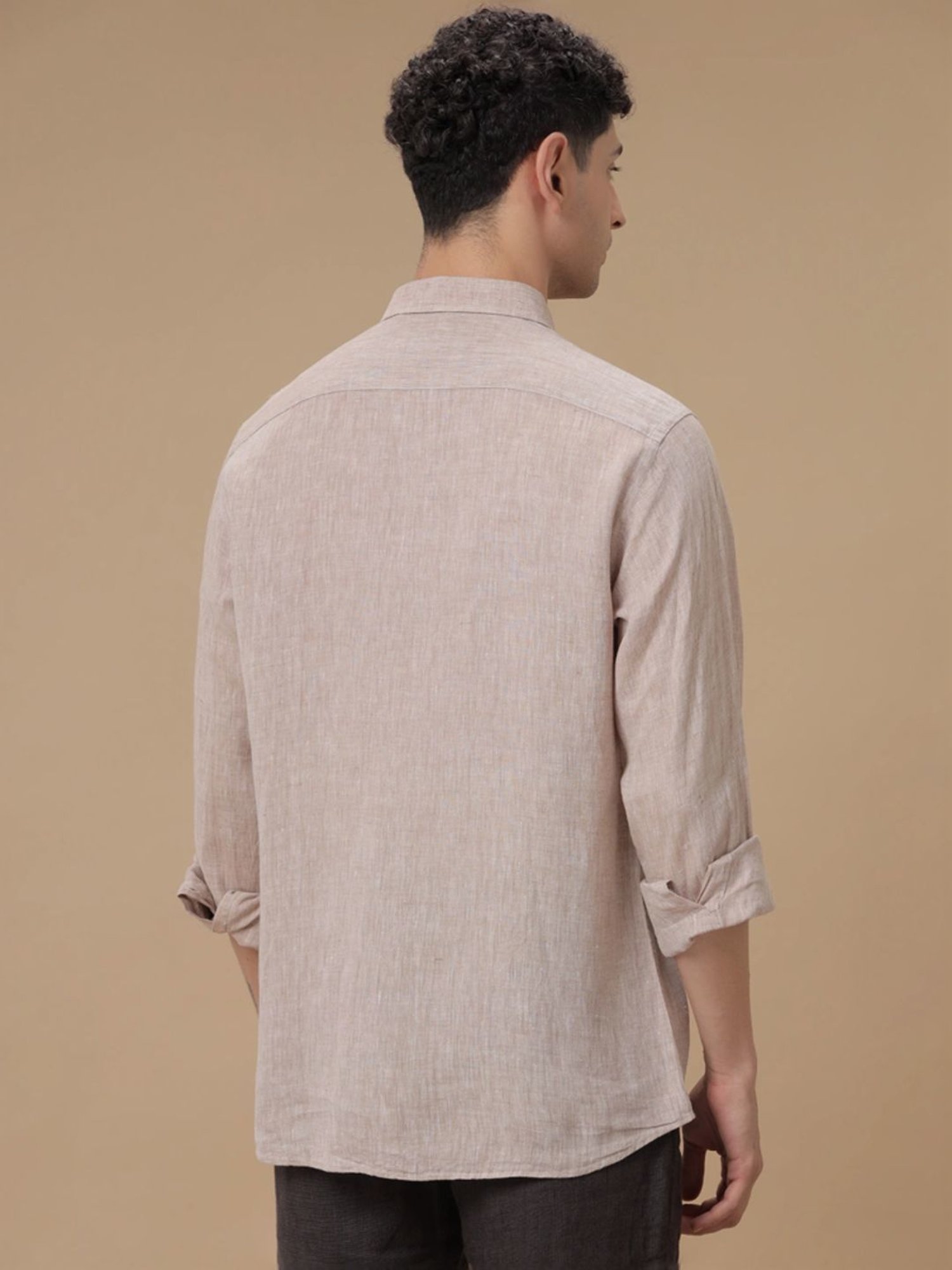 Linen Club Beige Linen Contemporary Fit Texture Shirt