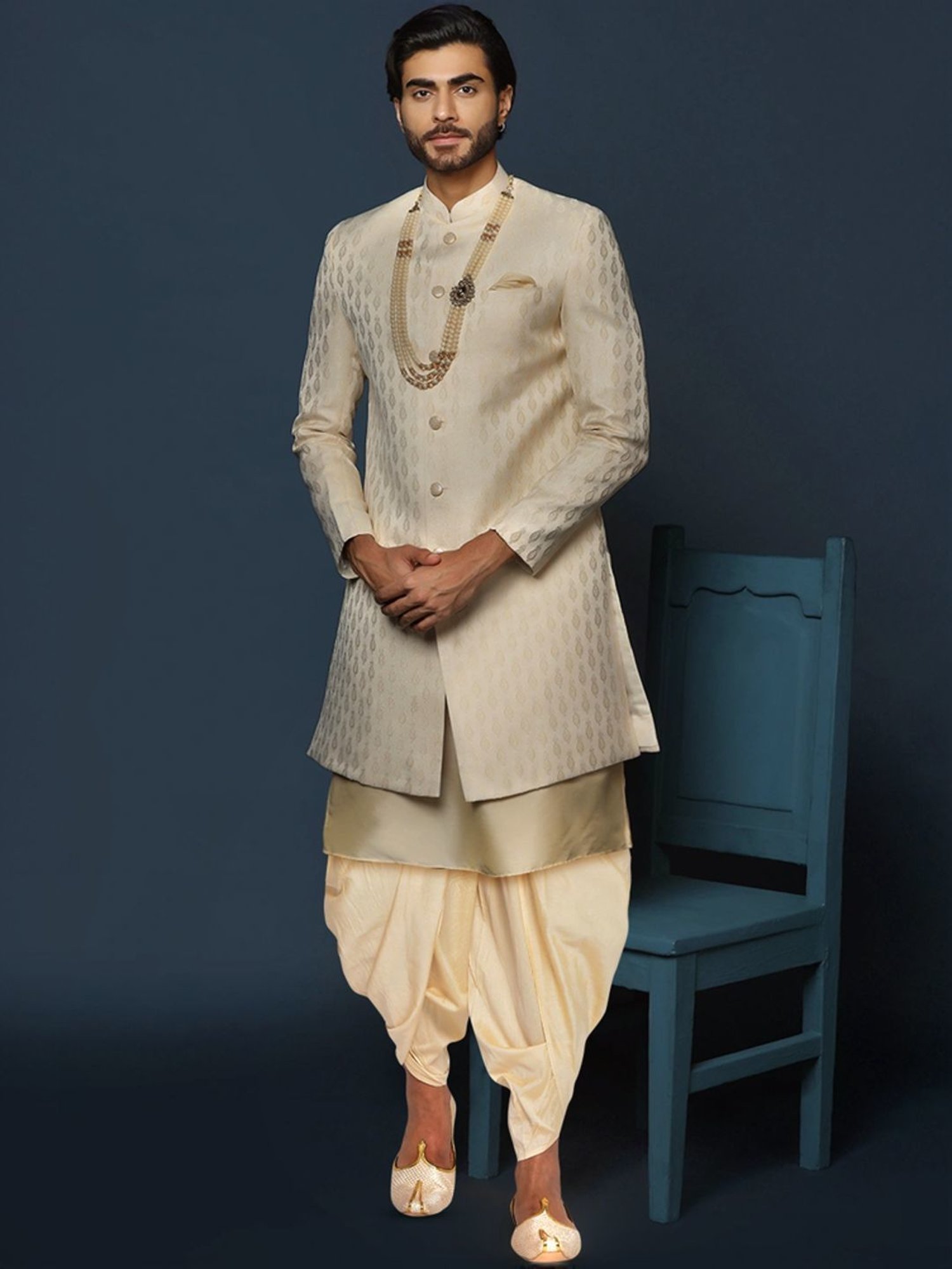 Kisah Beige Regular Fit Jacquard Sherwani Set