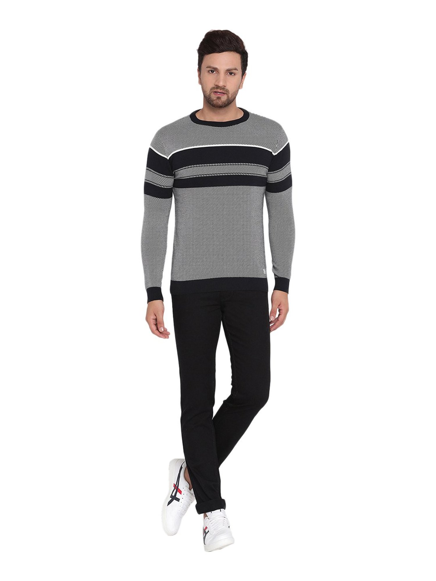 METTLE Navy Striped Round Neck Sweater