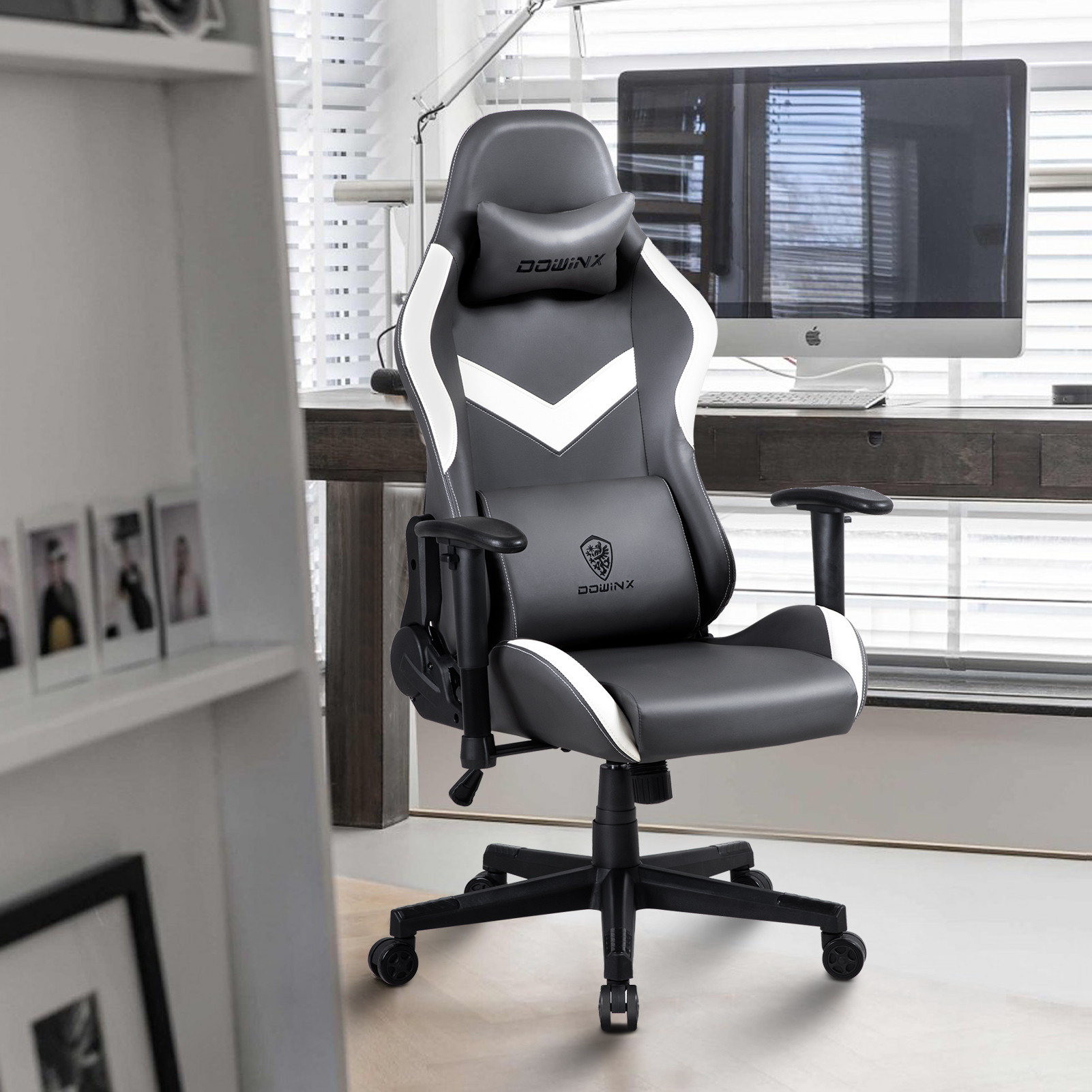 Dowinx Gaming Chair High Back Retro Style with Headrest and Massage Lumbar Support Office Chair with PU Leather Adjustable Swivel Ergonomic Computer Chair (Grey)