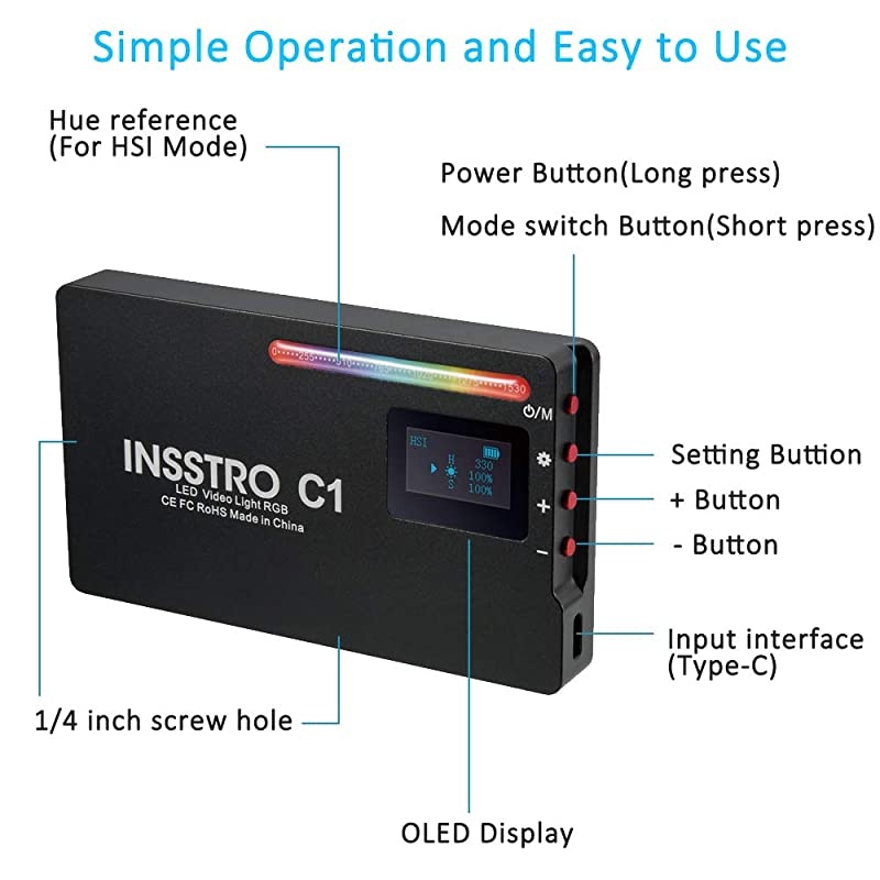 C1 RGB LED Video Light Full Color RGB Light for Camera Camcorder Rechargeable Pocket Size Video Light with 2500k8500k Color Range 10 Scene Simulations with Premium Aluminum Alloy Shell