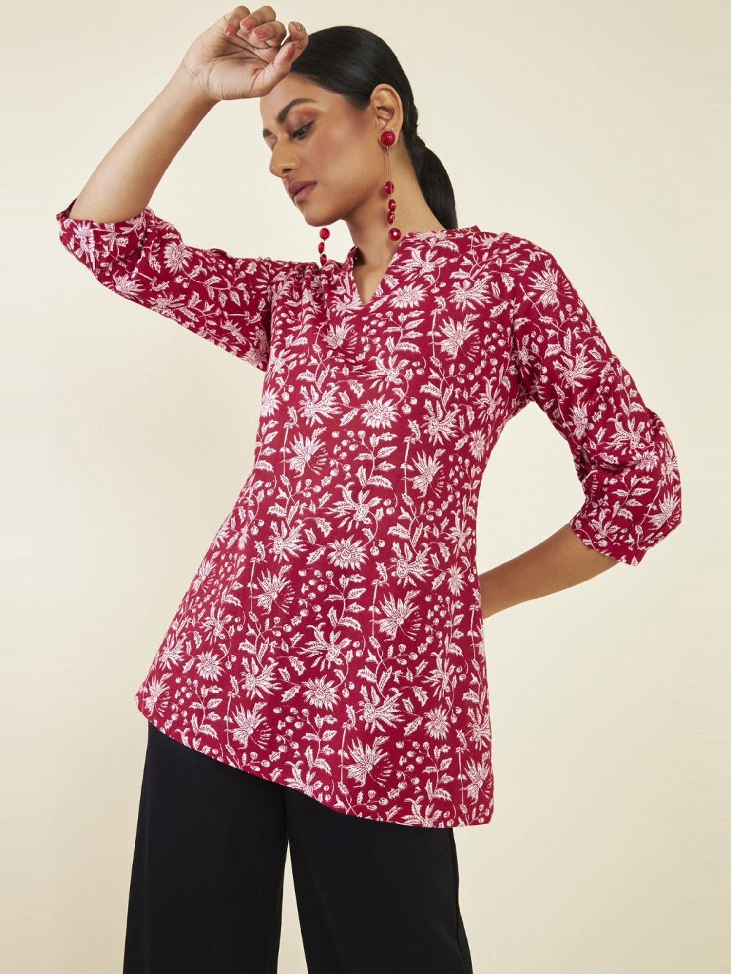 Soch Red Cotton Floral Print Tunic