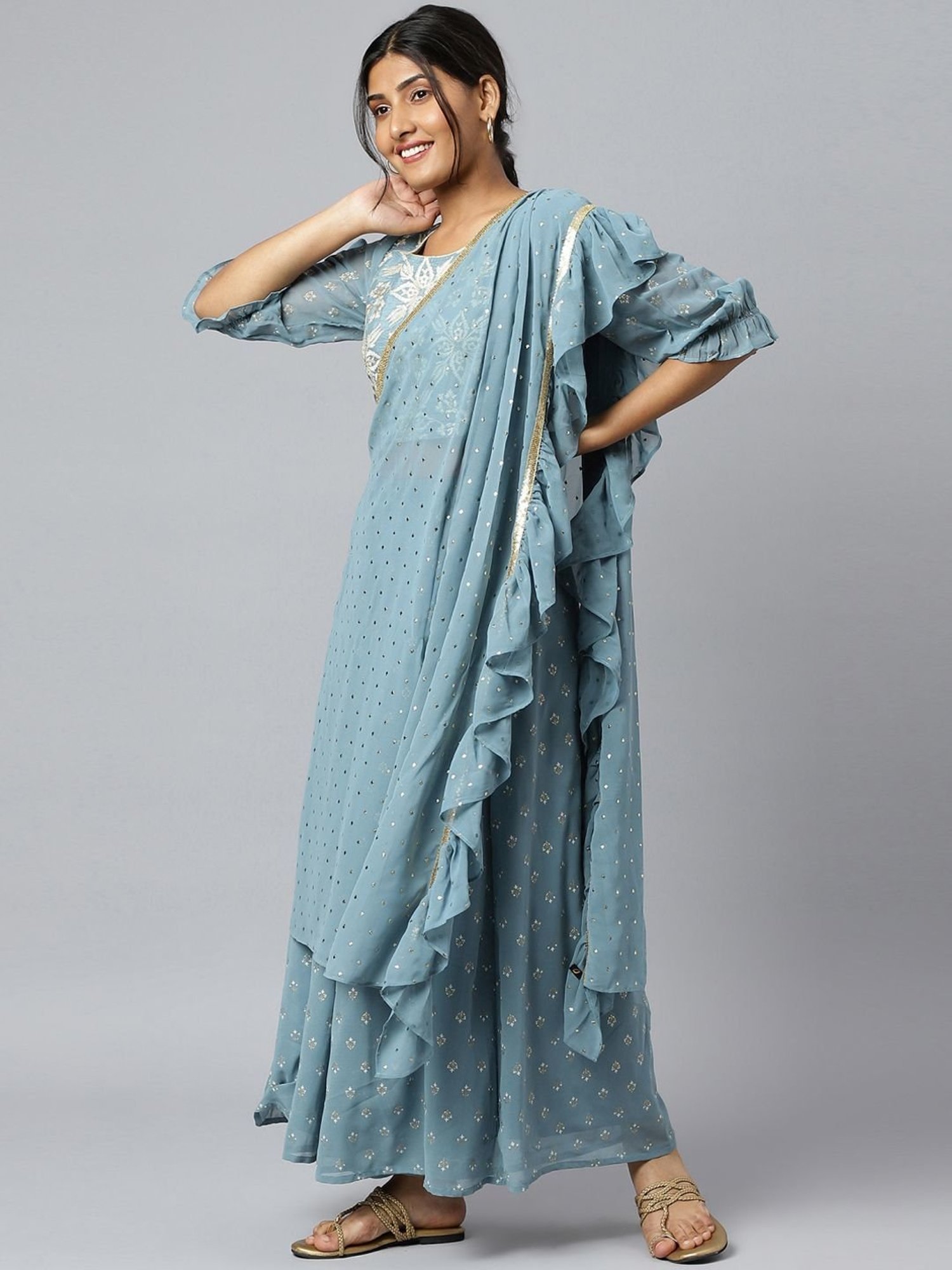 Aurelia Powder Blue Embroidered Crop Top Palazzo Set With Drape Dupatta