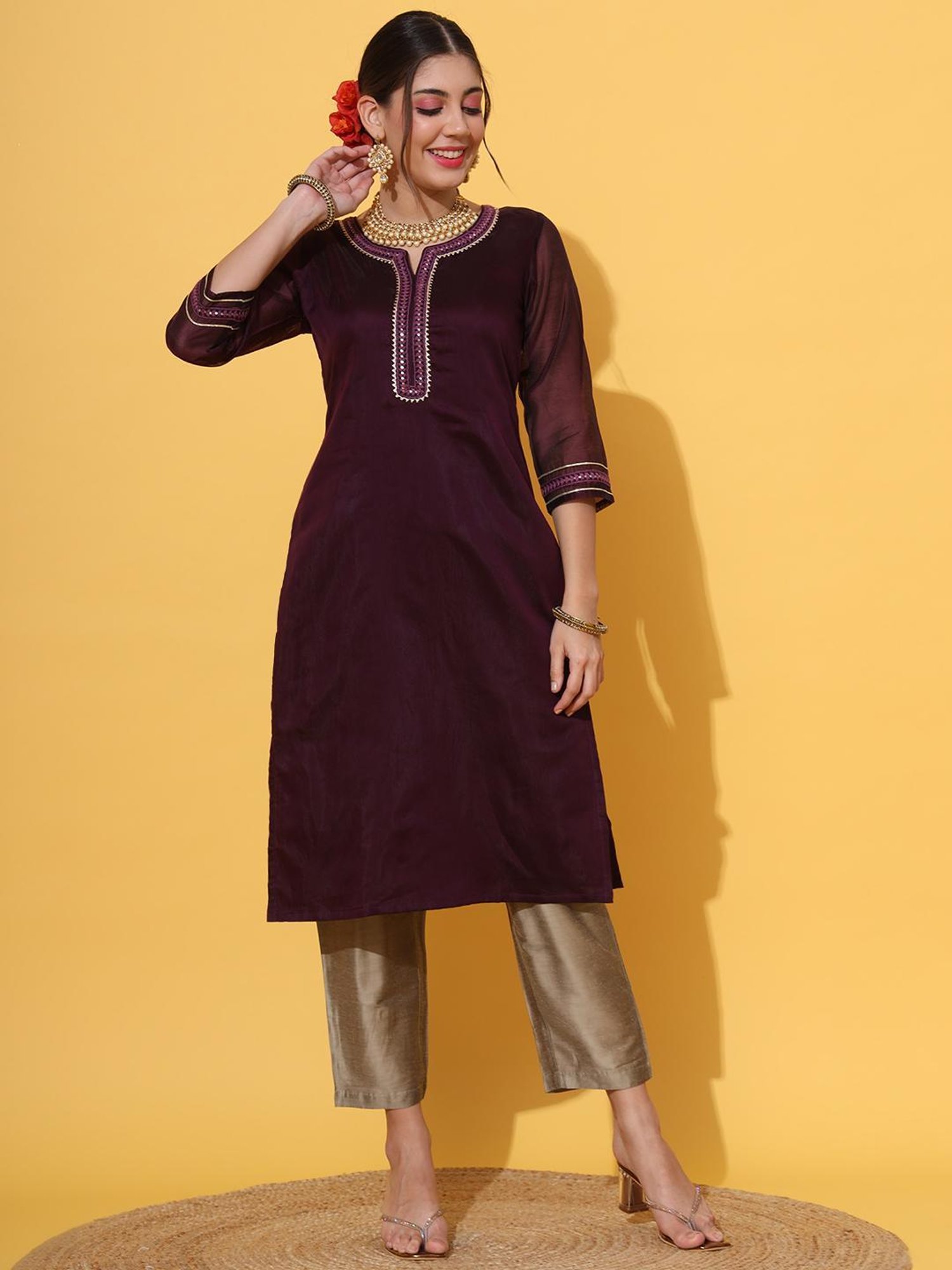 DECKEDUP Wine Embellished Kurta With Pants