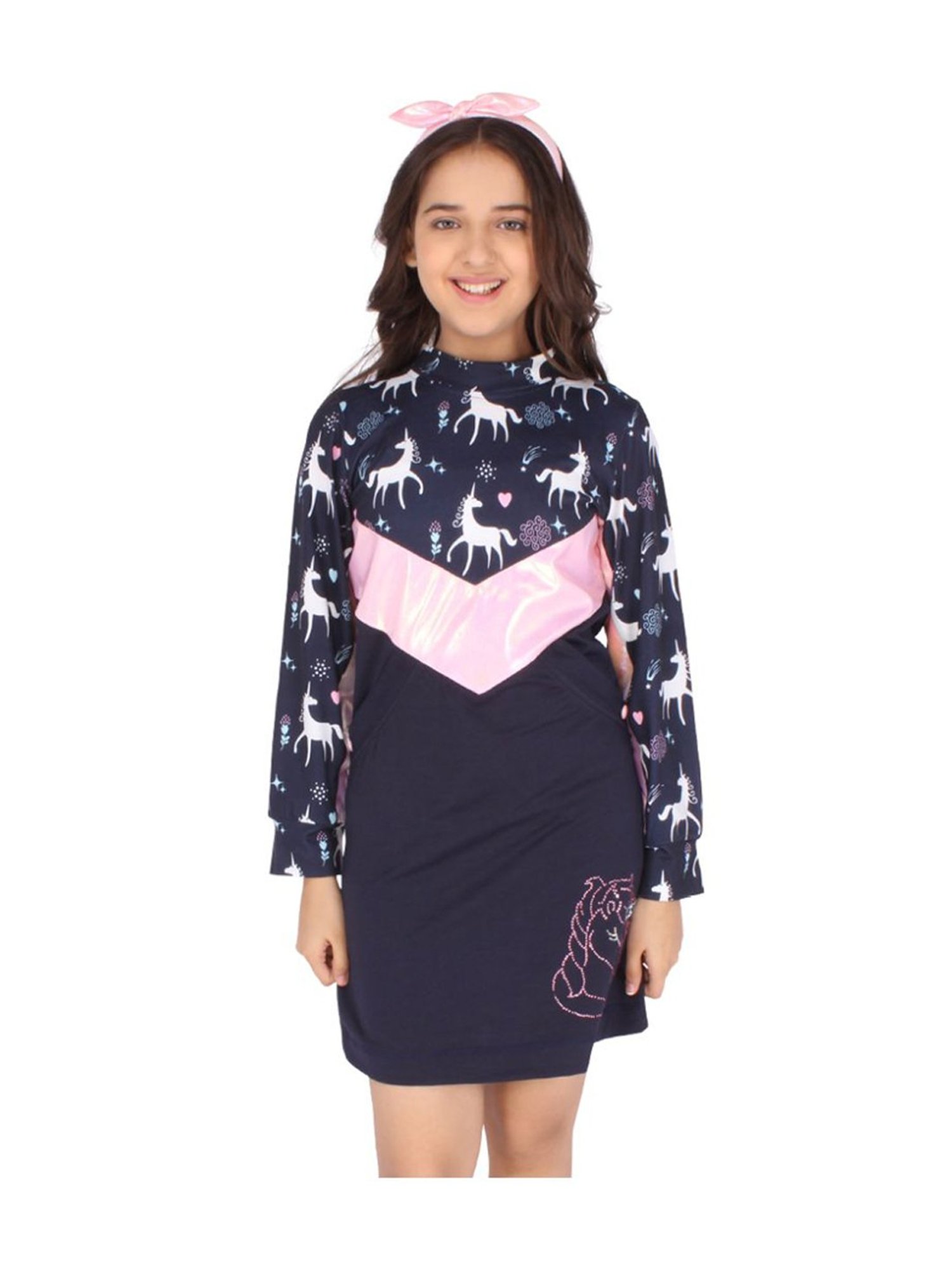 Cutecumber Kids Navy & Pink Printed Full Sleeves Dress