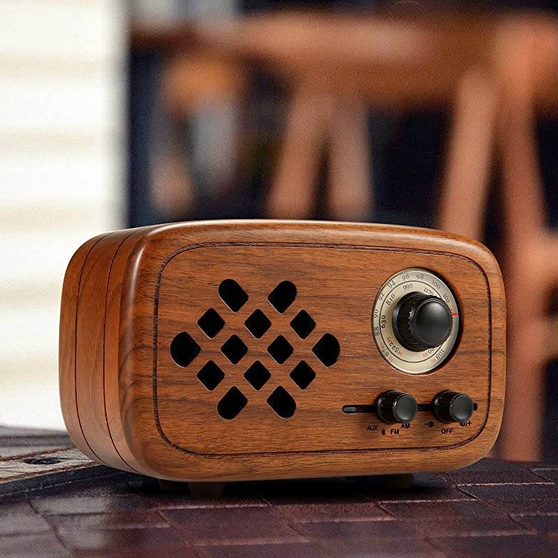 Retro Bluetooth Speaker, Handmade Walnut Wood Vintage Small Bluetooth Radio FM AM, Portable Wireless Speakers for Home and Office