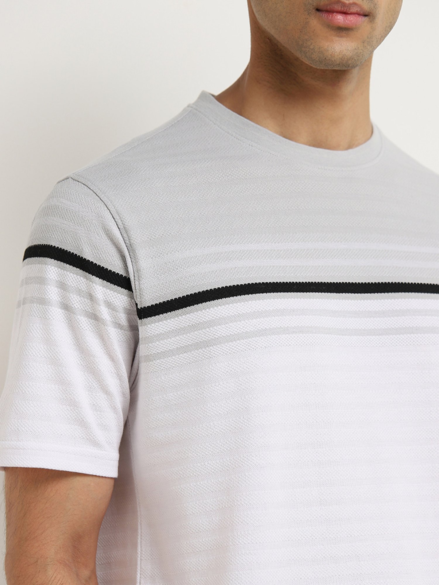 WES Lounge by Westside Light Grey Striped Relaxed-Fit T-Shirt