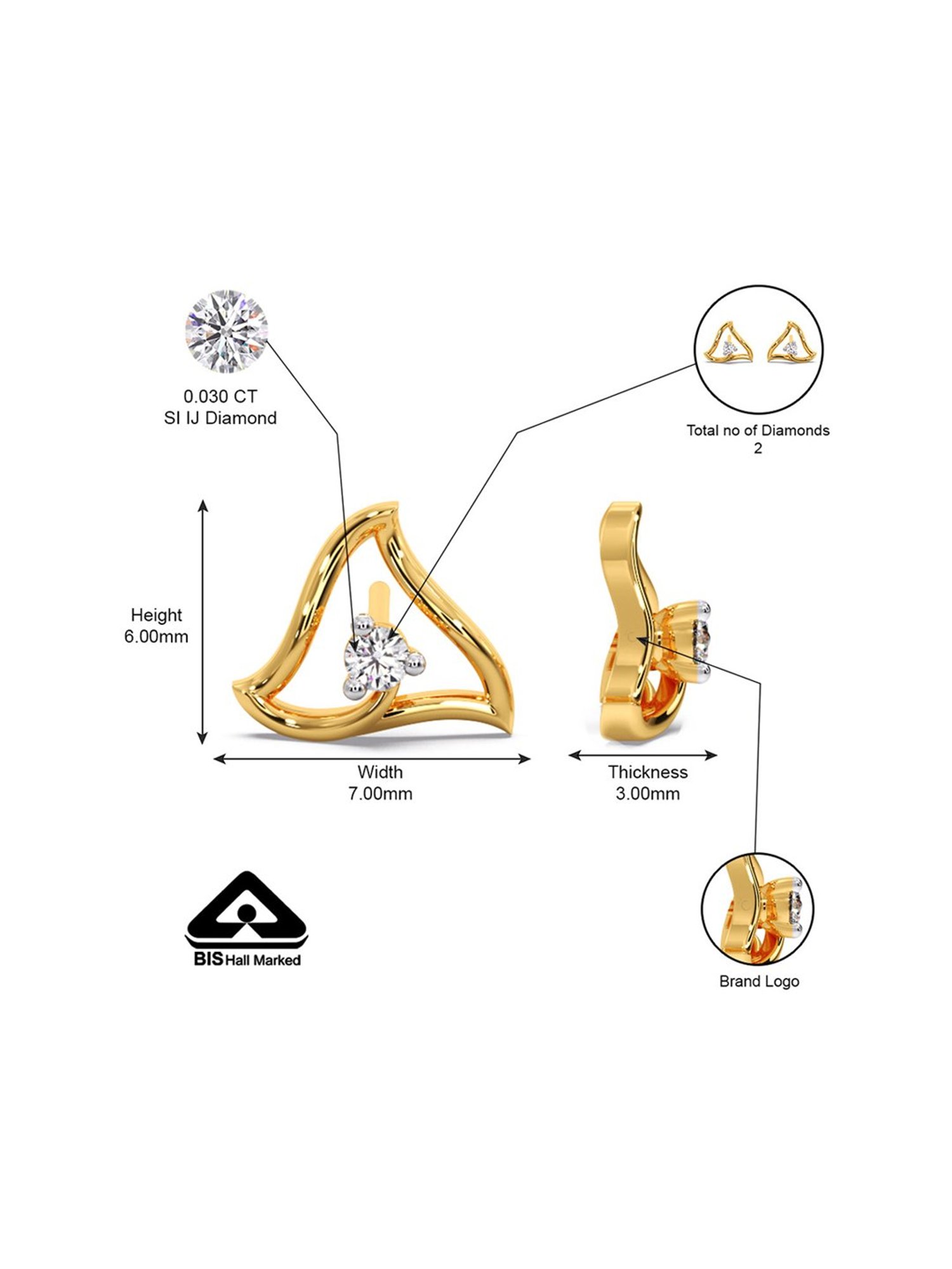 Candere by Kalyan Jewellers Stylish 18K Yellow Gold and Diamond Stud Earrings