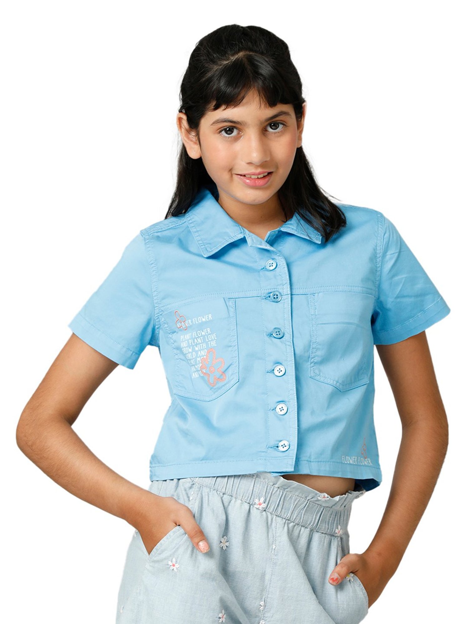 Under Fourteen Only Kids Blue Solid Crop Top