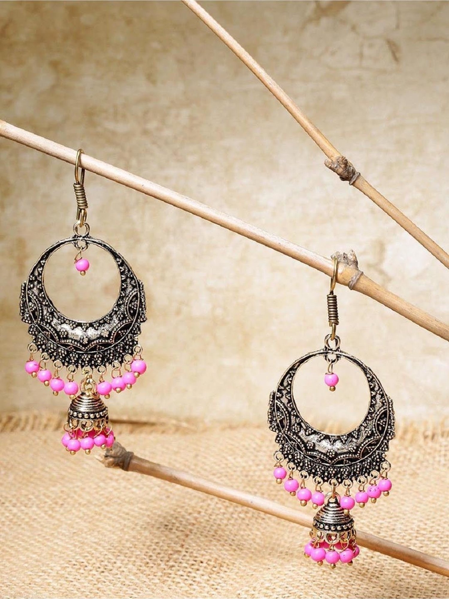 Priyaasi Pink & Golden Chand Bali Earrings