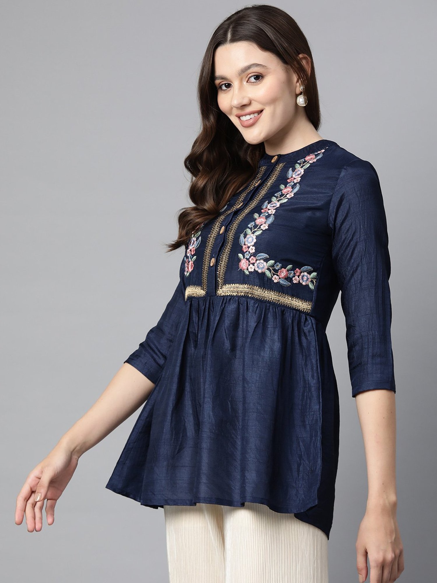 Cottinfab Blue Silk Embroidered Top