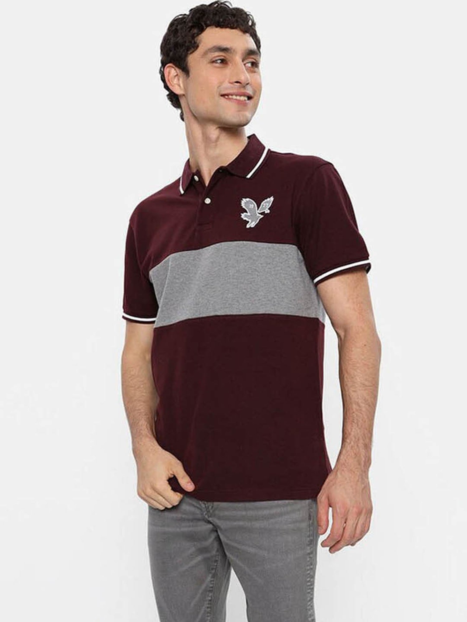 American Eagle Burgundy Regular Fit Colour Block Polo T-Shirt