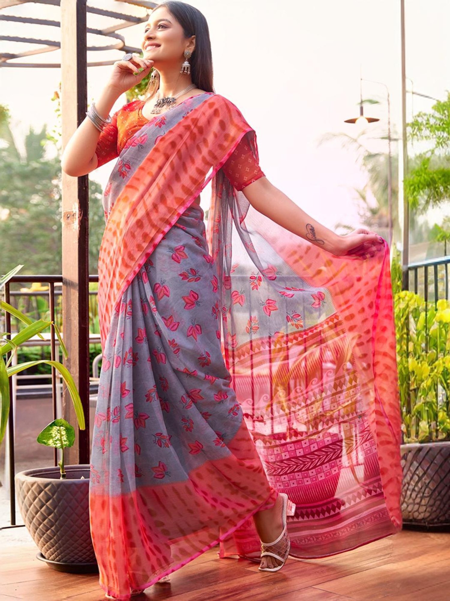 Satrani Grey & Orange Floral Print Saree With Unstitched Blouse