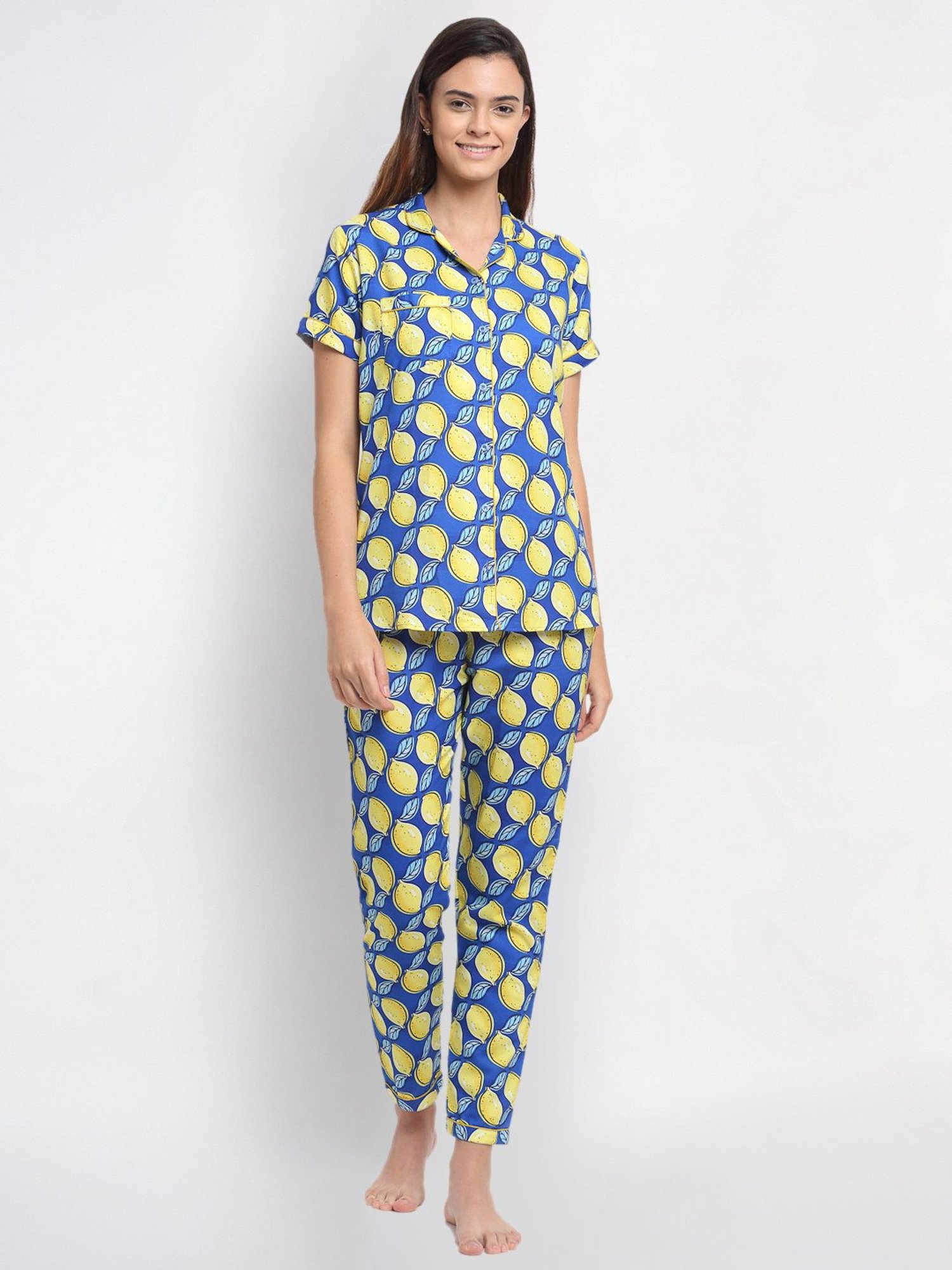 Erotissch Blue & Yellow Printed Shirt Pyjama Set