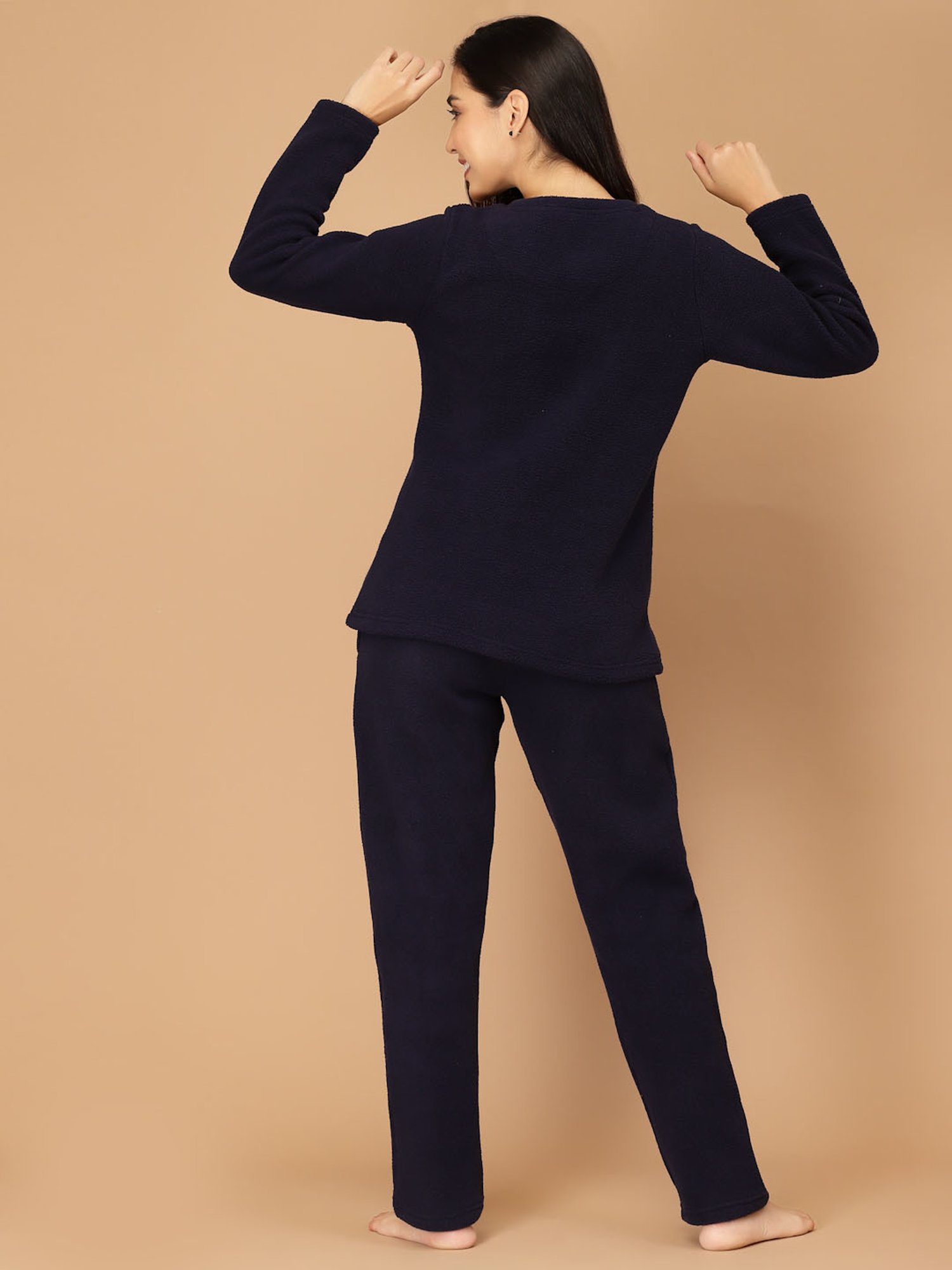 Sweet Dreams Navy Fleece Printed Winterwear Top With Pyjamas