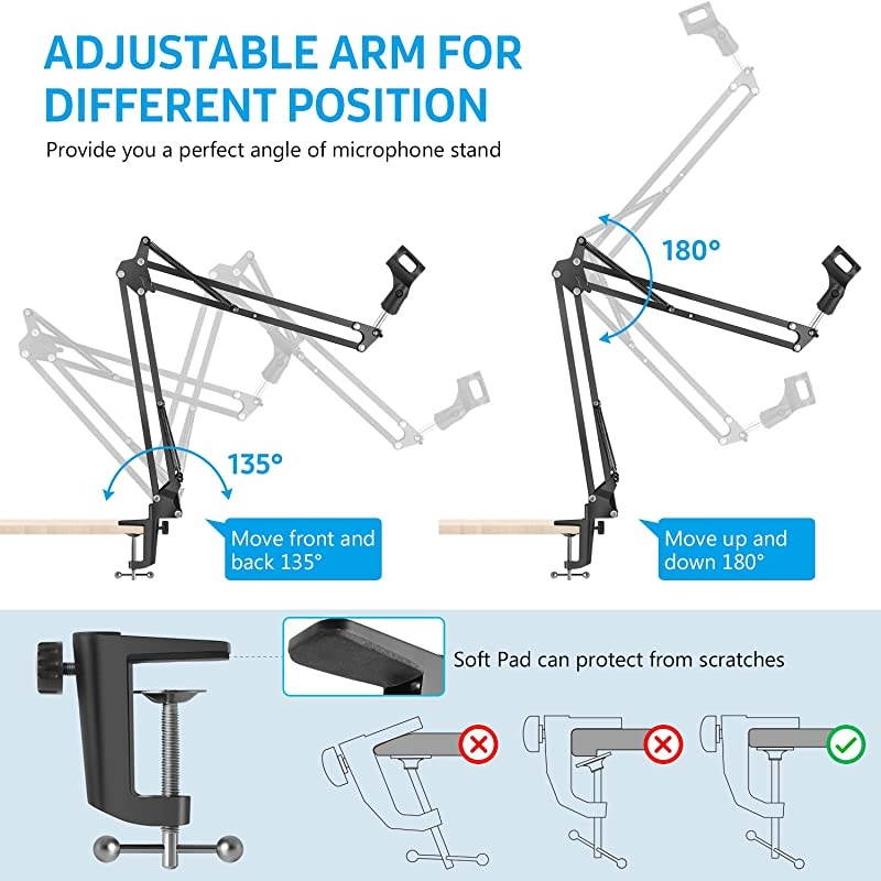 Heavy Duty Microphone Stand with Mic Microphone Windscreen and Dual Layered Mic Pop Filter Suspension Boom Scissor Arm Stands for Blue YetiBlue Spark and Other Mic