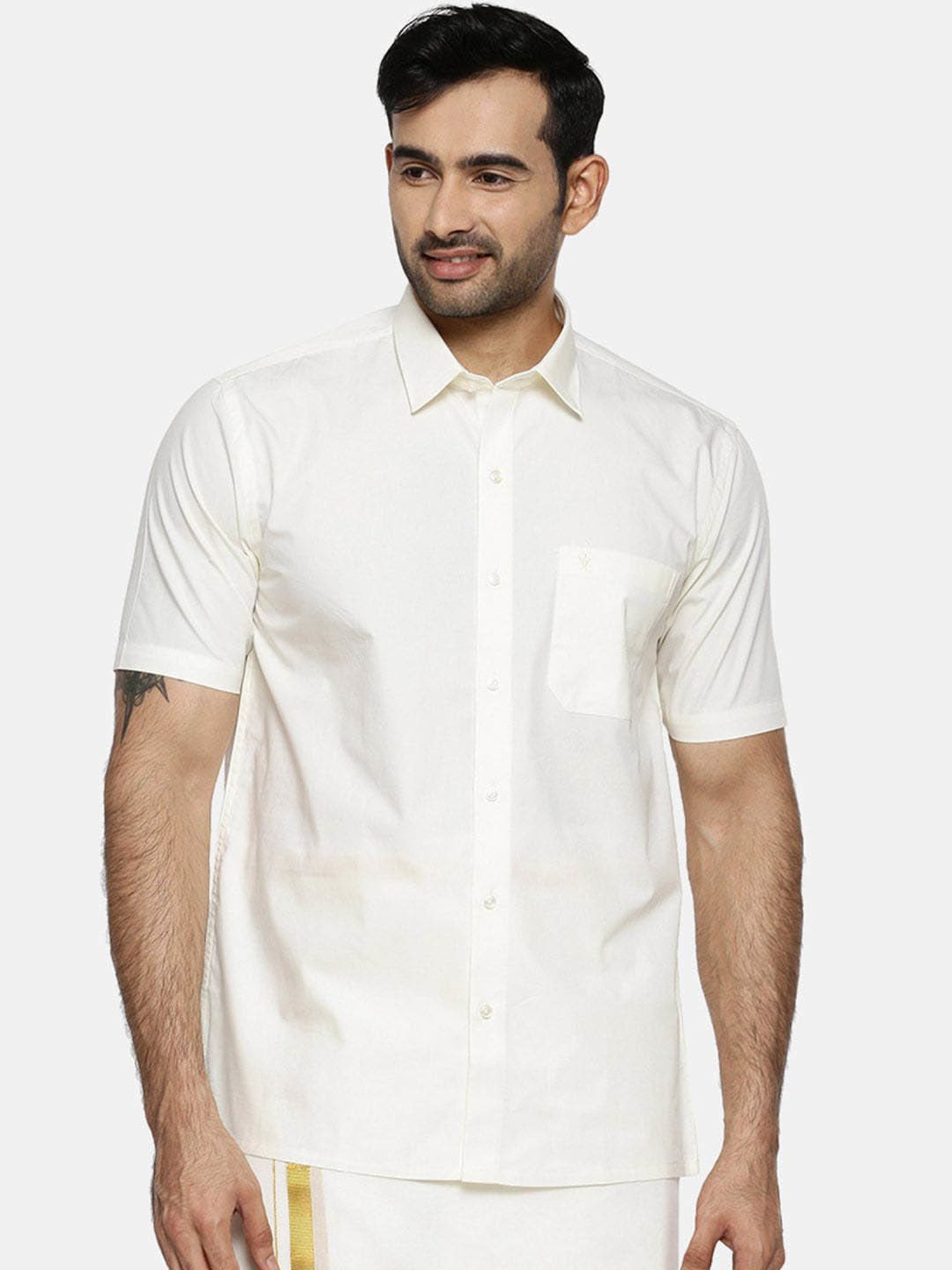 Ramraj Cream Cotton Regular Fit Shirt