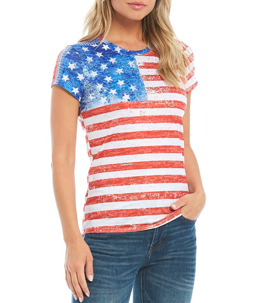 Reba Studded American Flag Jewel Neck Short Sleeve Tee