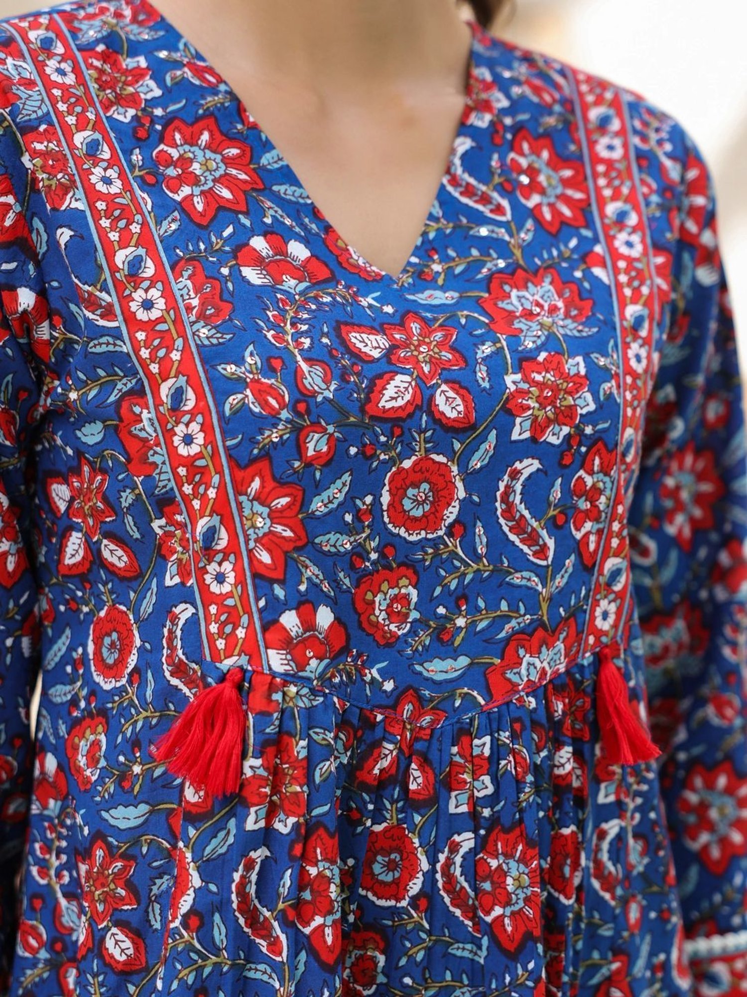 Rain and Rainbow Blue Cotton Floral Print Top