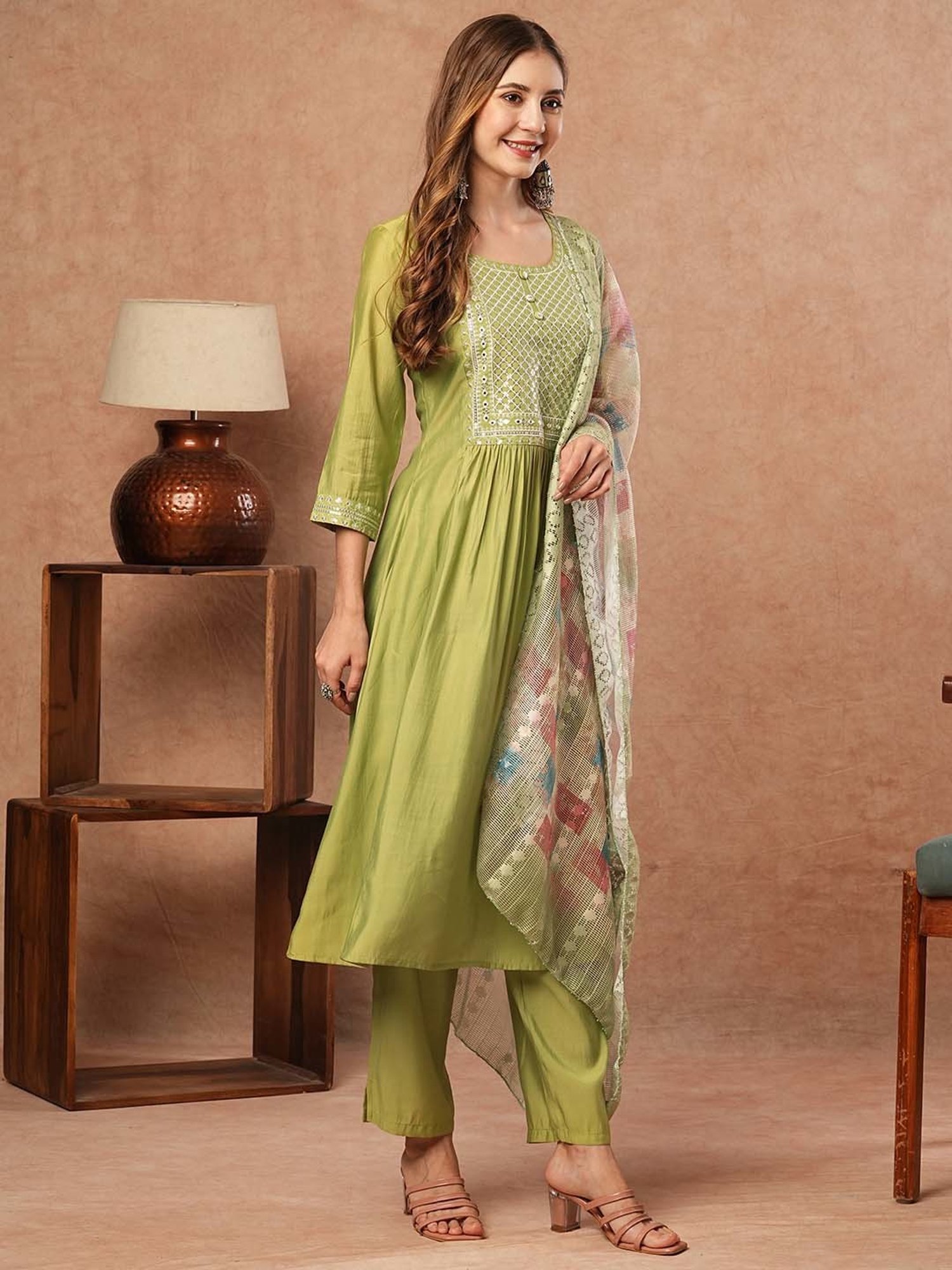 Fashor Green Plain Kurta & Pants Set with Dupatta