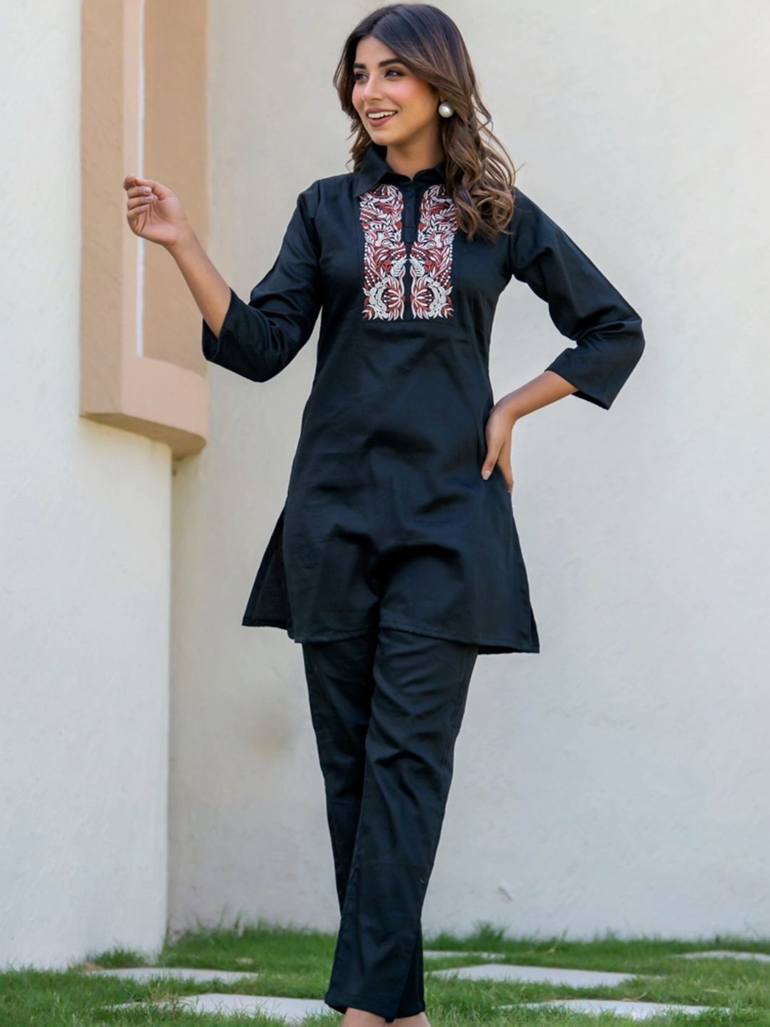 HOUSE OF JAMOTI Black Cotton Embroidered Tunic Pant Set