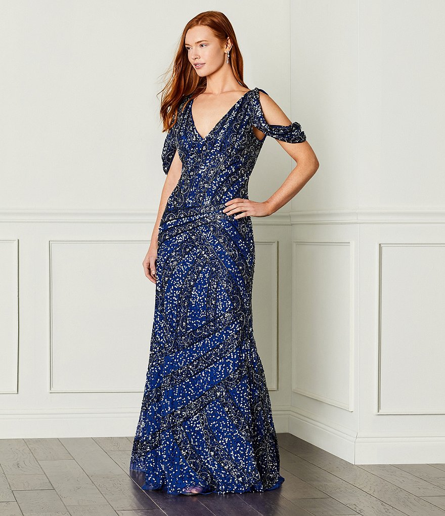 Aidan Mattox V-Neck Beaded Cold Shoulder Gown