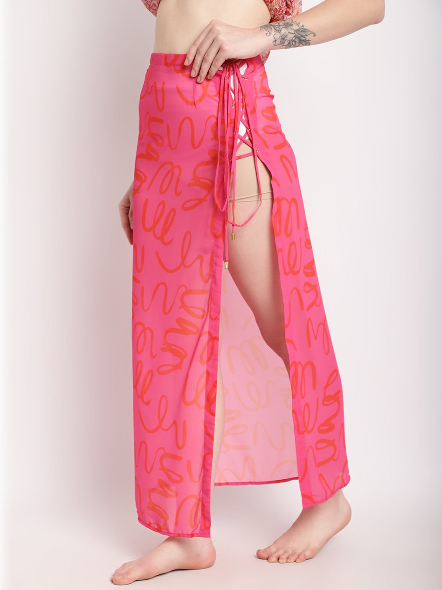 Erotissch Pink Printed Beachwear Cover-Up Wrap Skirt
