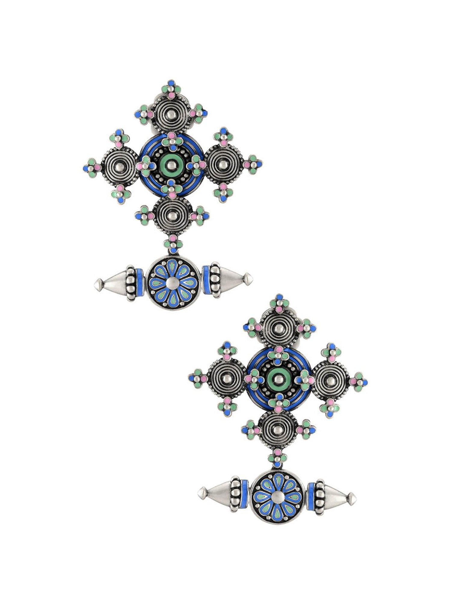 Tribe Amrapali Blue Coin Spike Chandrika Flower Dangler Earrings