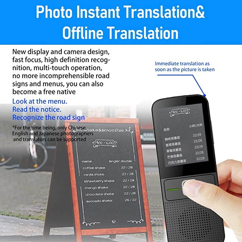 Translator Device Support All 138+ s Two Way WiFi/Hotspot/Offline Portable Voice Translator Device 2.4inch Touch Screen Camera Translation - Black