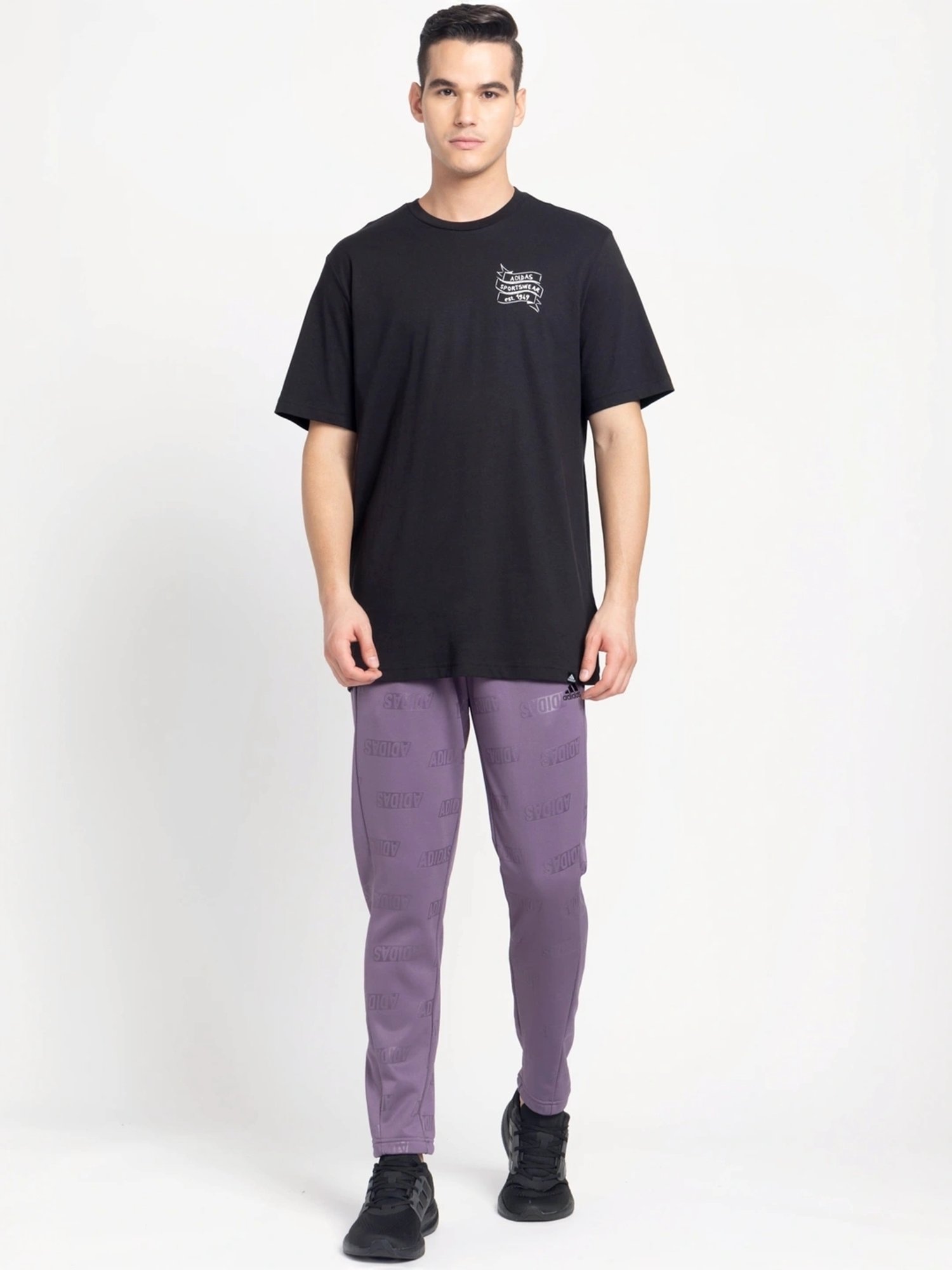 Adidas Black Cotton Regular Fit Printed T-Shirt