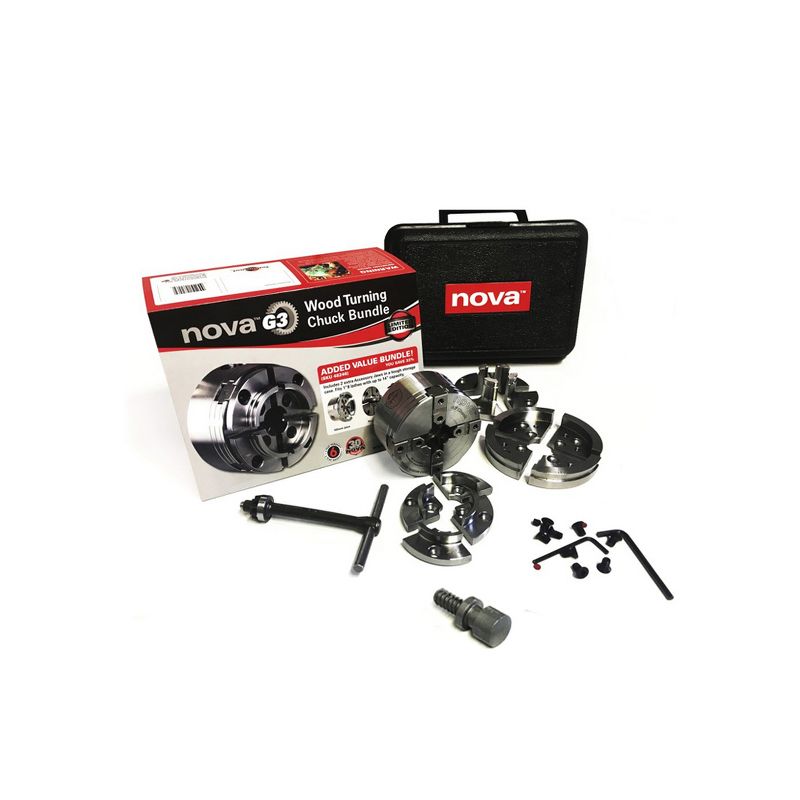 Nova TK-48246 Direct Thread 1 Inch Small Wood Turning Chuck Bundle Set with Automatic Jaw Safety Stop and Copper Impregnated Jaw Slides, Reversible