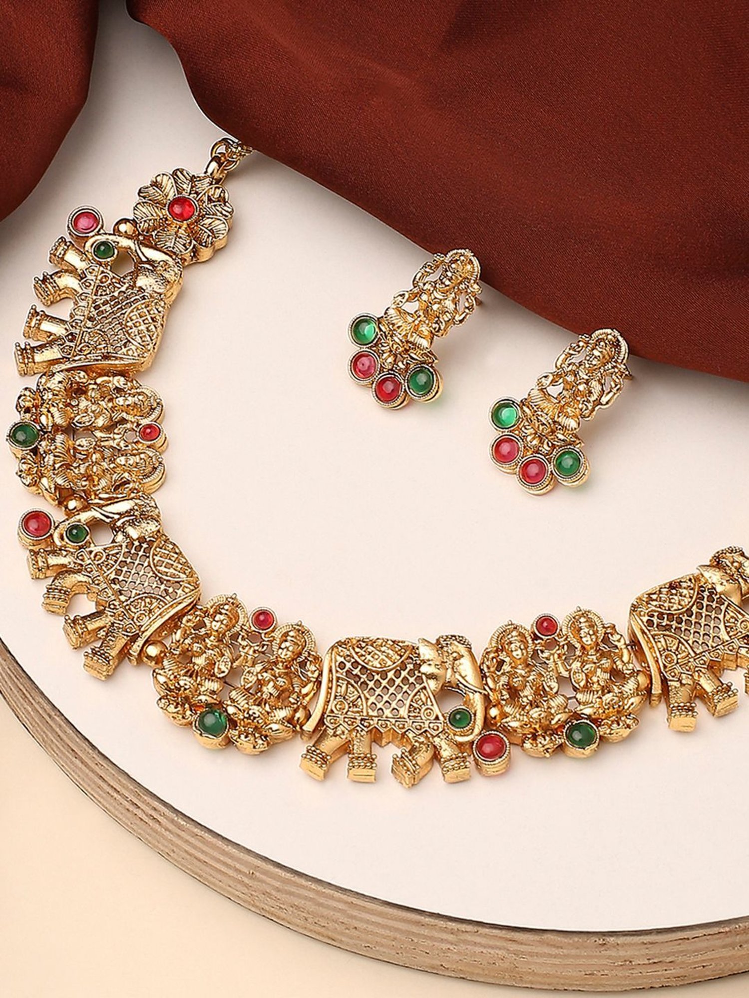 OOMPH Antique Gold Tone Red & Green Stones Elephant Choker Necklace Set for Women