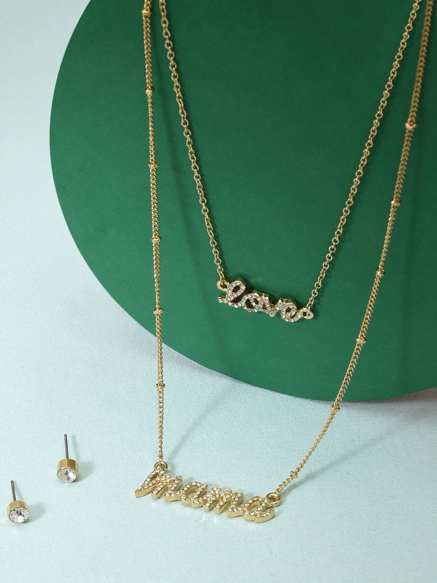 Zaveri Pearls Gold Tone 2 layers Austrian Diamonds Studded Love Mama Necklace Earring Set-ZPFK12071