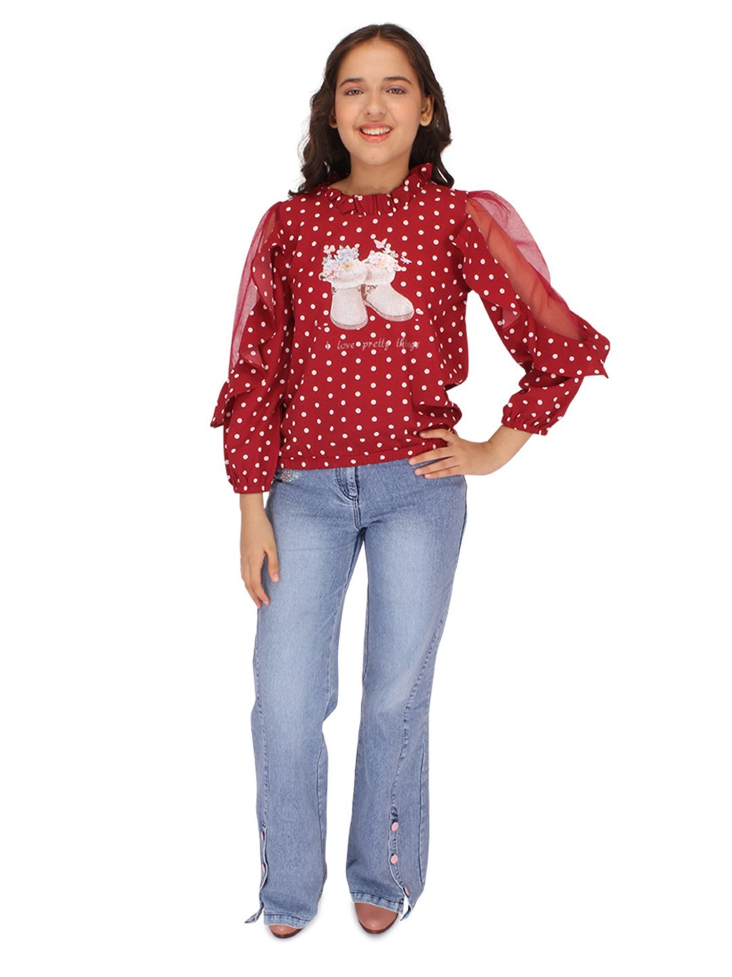 Cutecumber Kids Maroon Embellished Full Sleeves Top