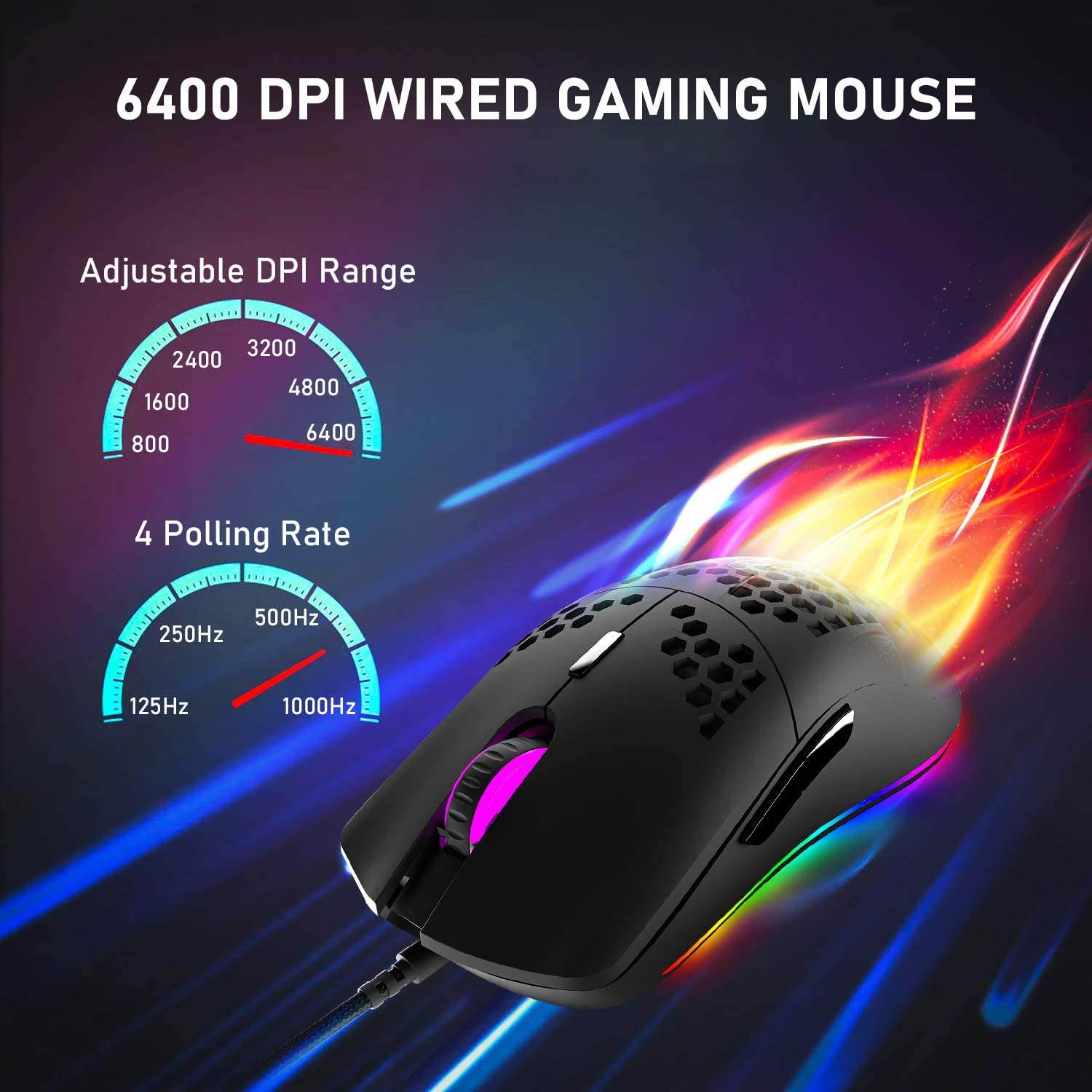 96G Programmable Gaming Mouse with Lightweight Honeycomb Shell, 6400 DPI Laser Sensor, with 6 buttons Gaming Mice, RGB Rainbow Backlit-Black