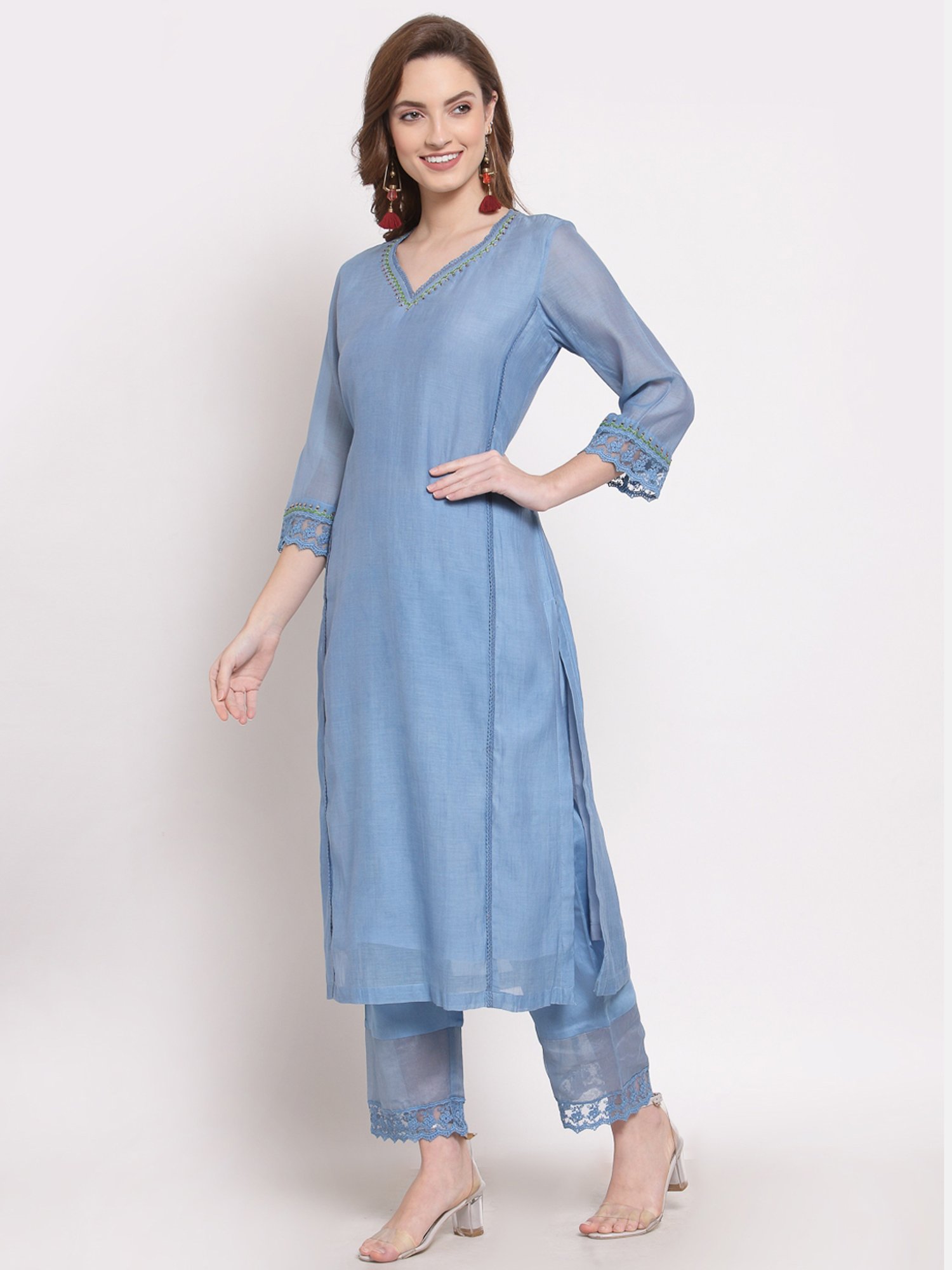 DART STUDIO Blue Embroidered Straight Kurta