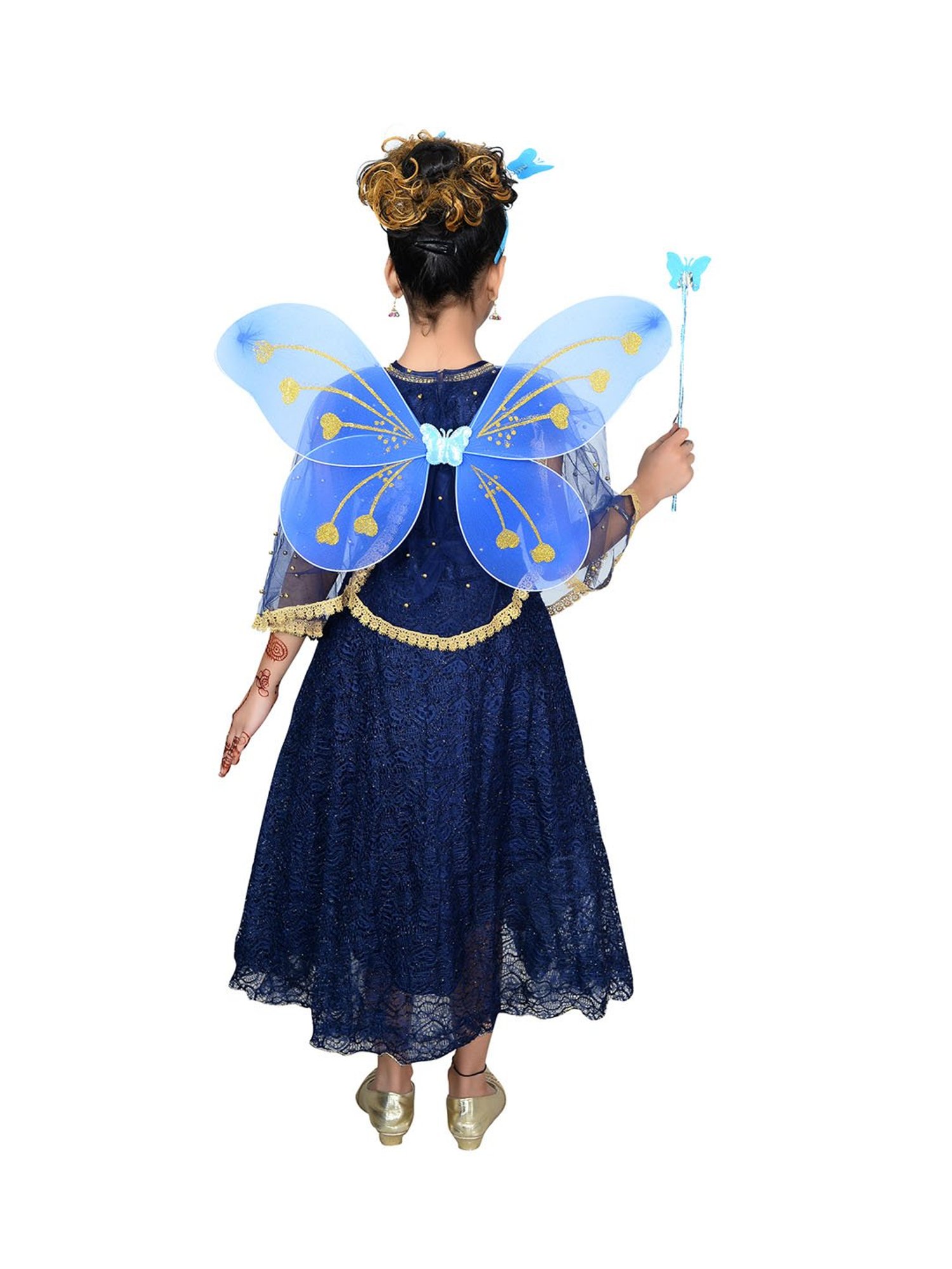 Ahhaaaa Kids Navy Embellished Dress, Wings, Hair Band with Fairy Stick