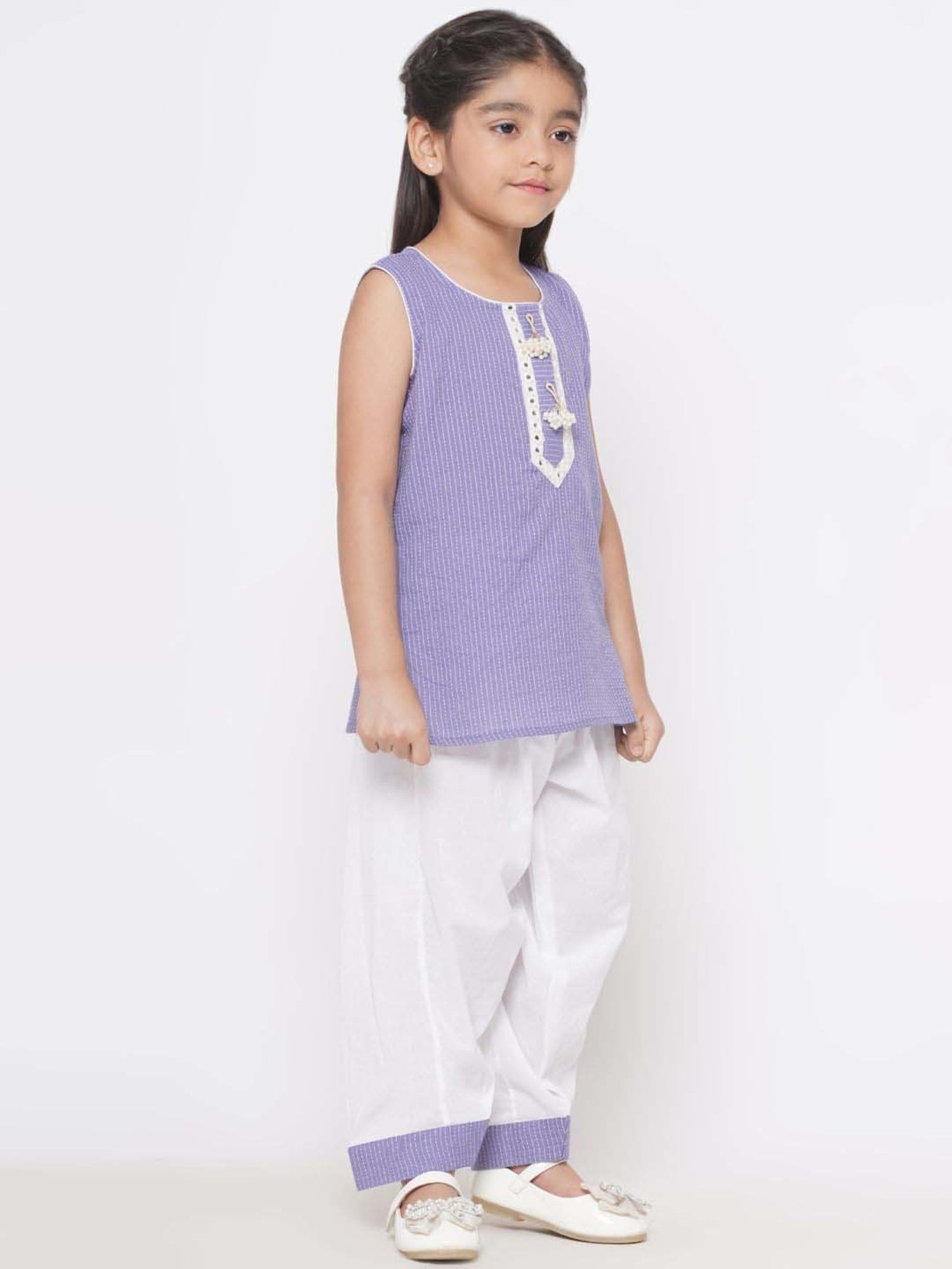 Little Bansi Kids Lavender & White Cotton Embroidered Kurta Set